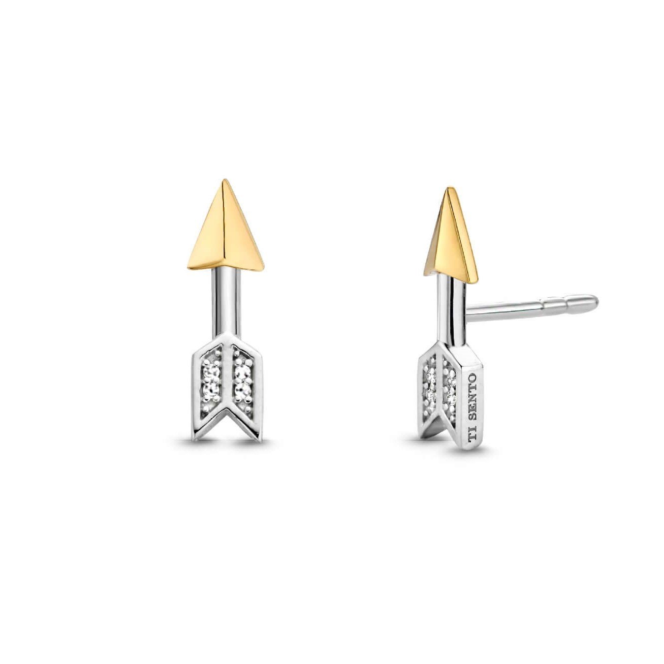 Two Tone CZ Arrow Stud Earrings