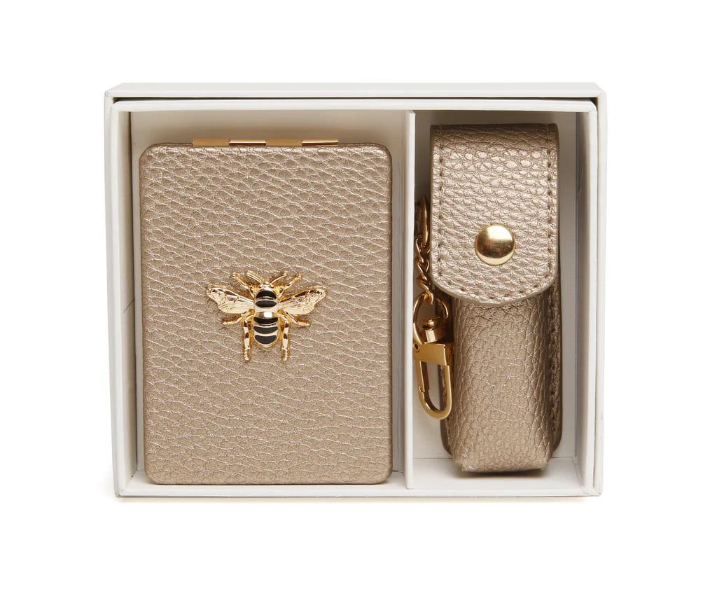 Oblong Compact Mirror & Lipstick Holder Gift Set In Bronze