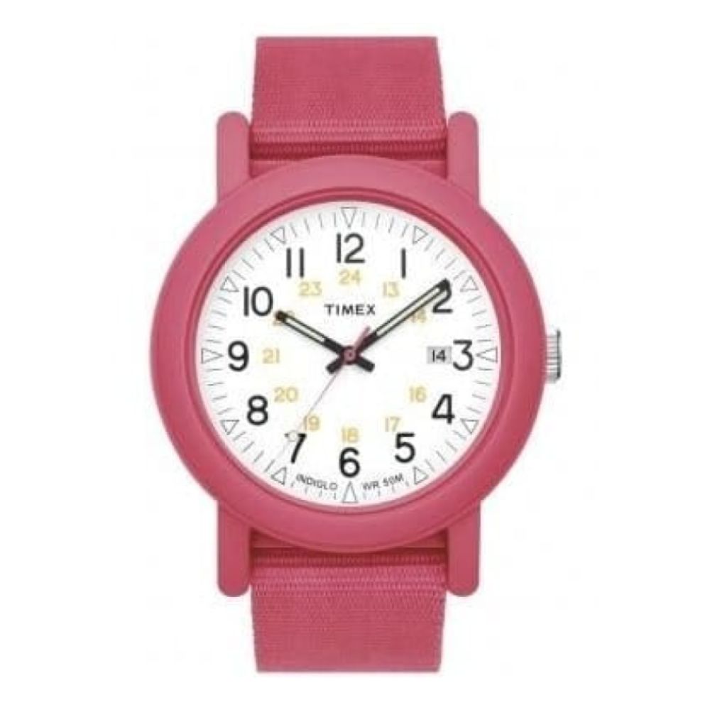 Ladies Pink Fabric White Dial Strap Watch