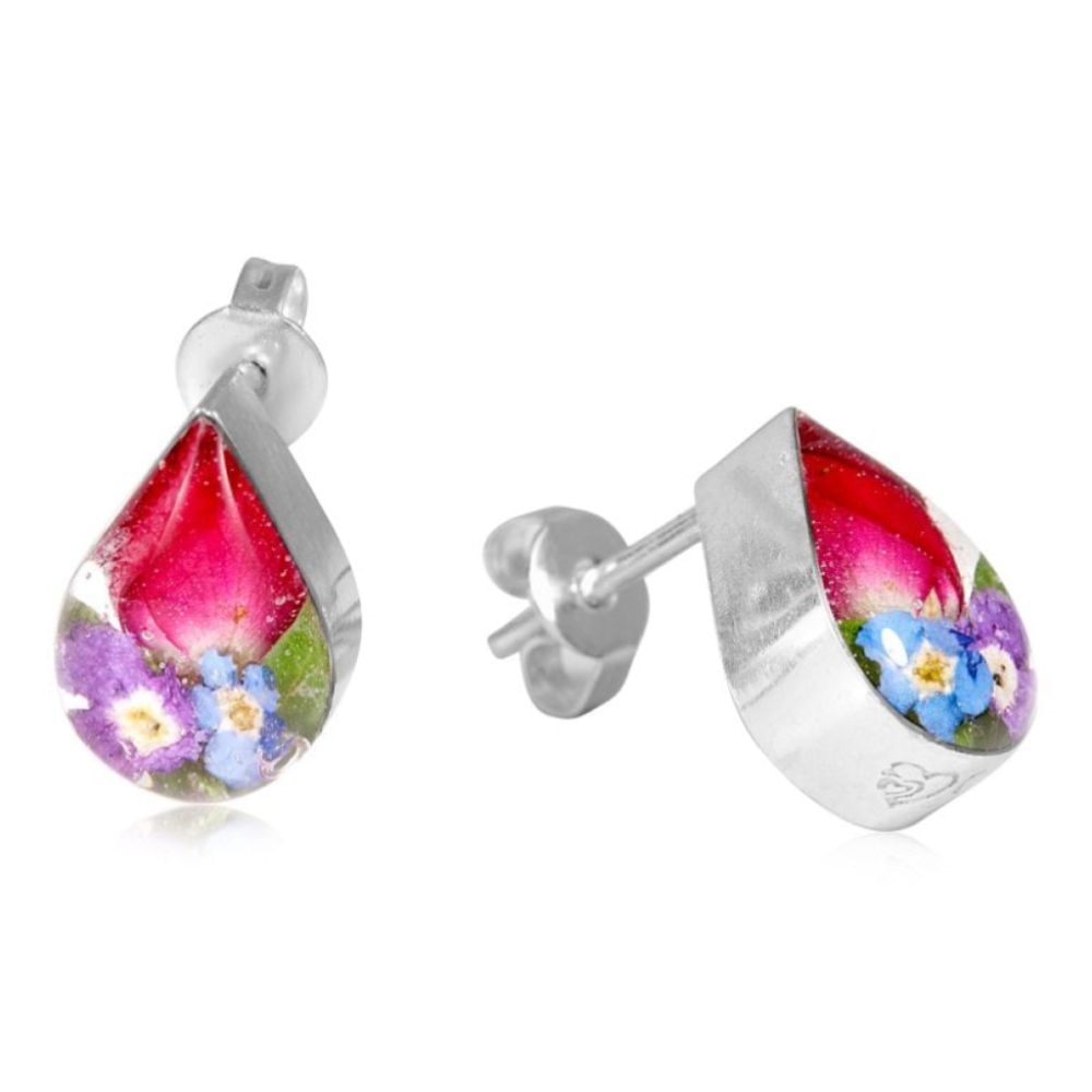 Silver Stud Earrings- Mixed Flowers - xs Teardrop