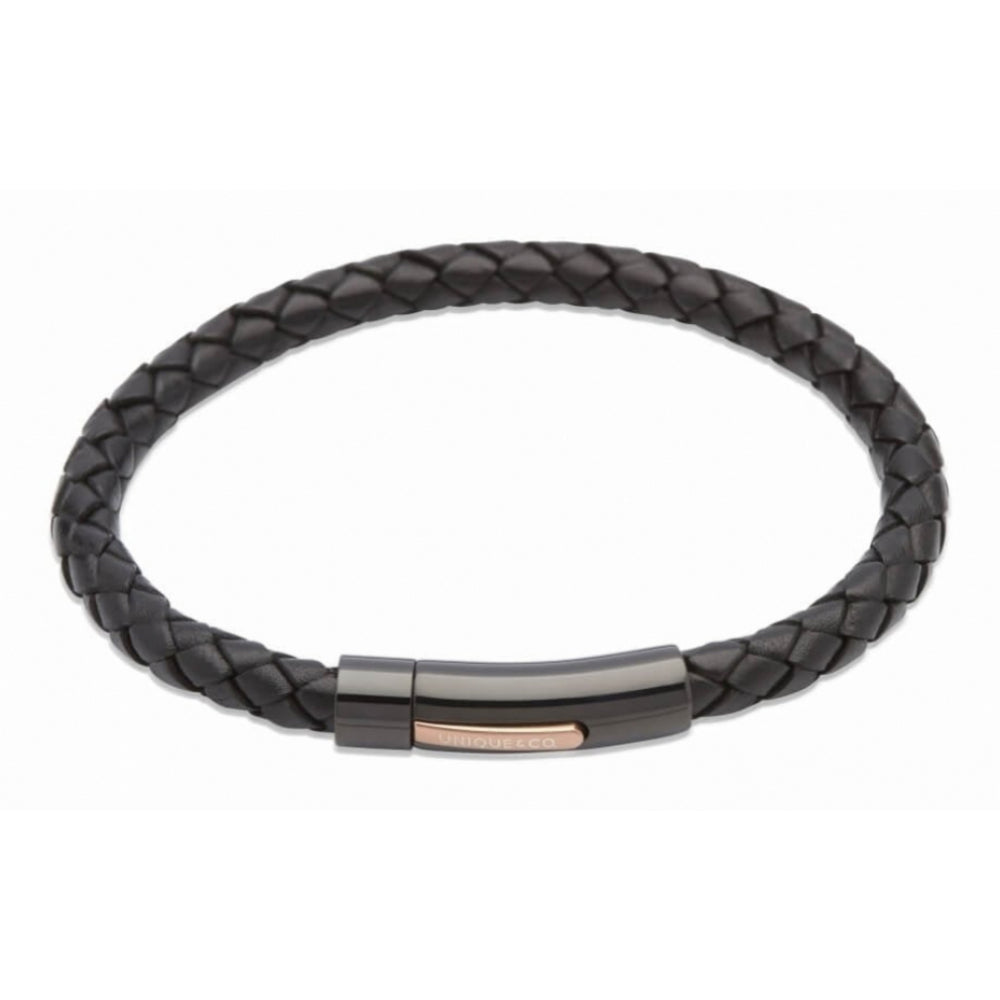 Black Leather Bracelet With Black & Rose Ion Plated Steel Clasp