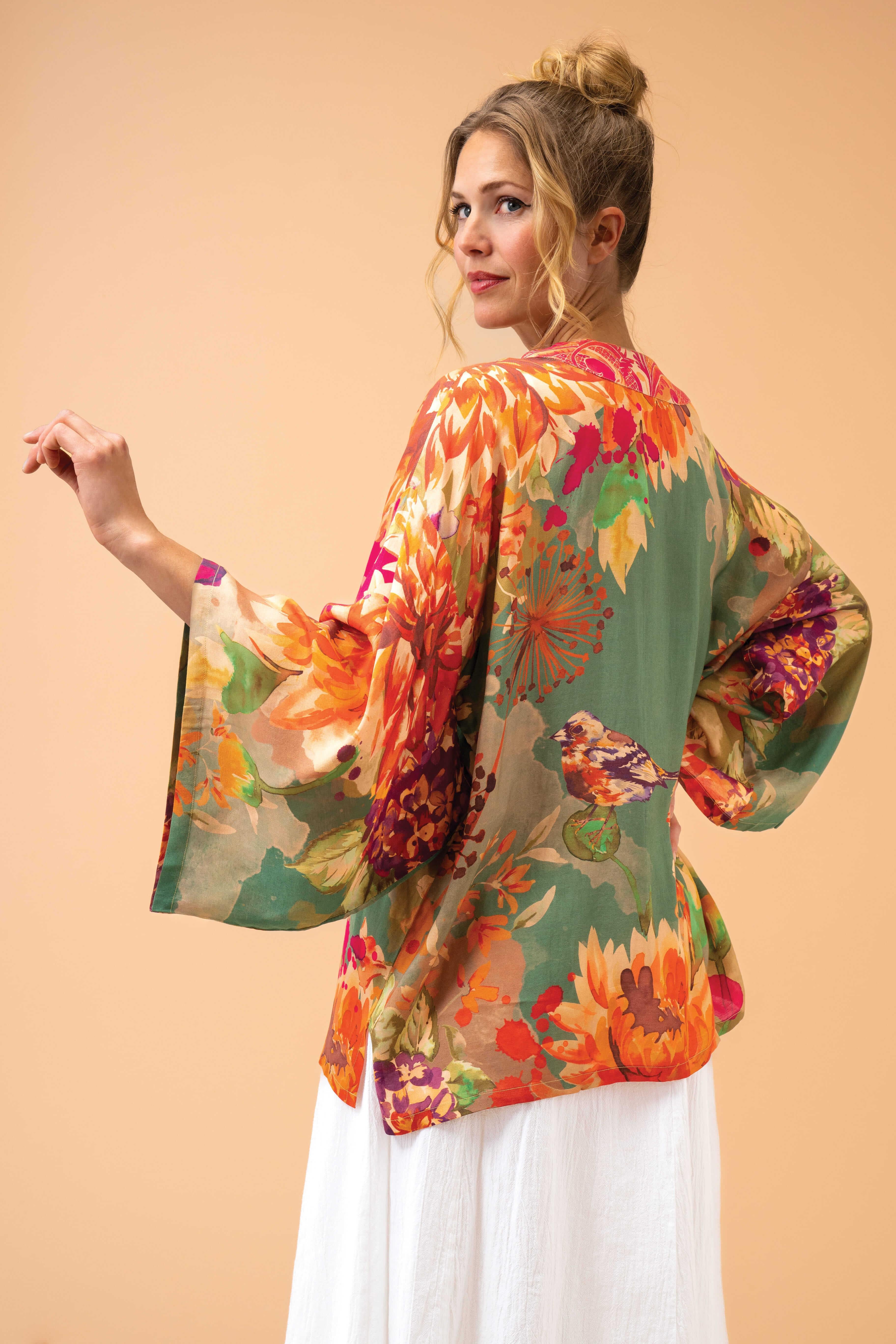 Birds & Blooms Kimono Jacket - Sage