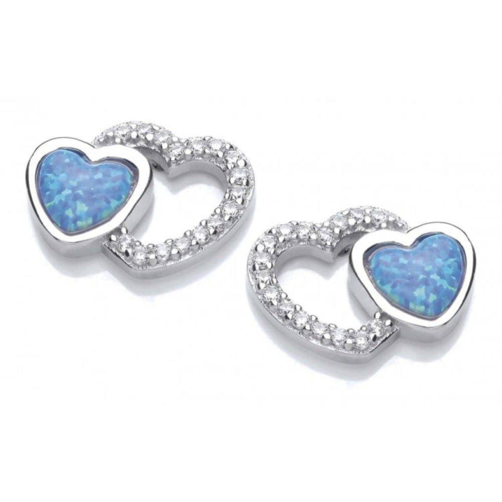 Silver CZ Opalique Linked Heart Earrings