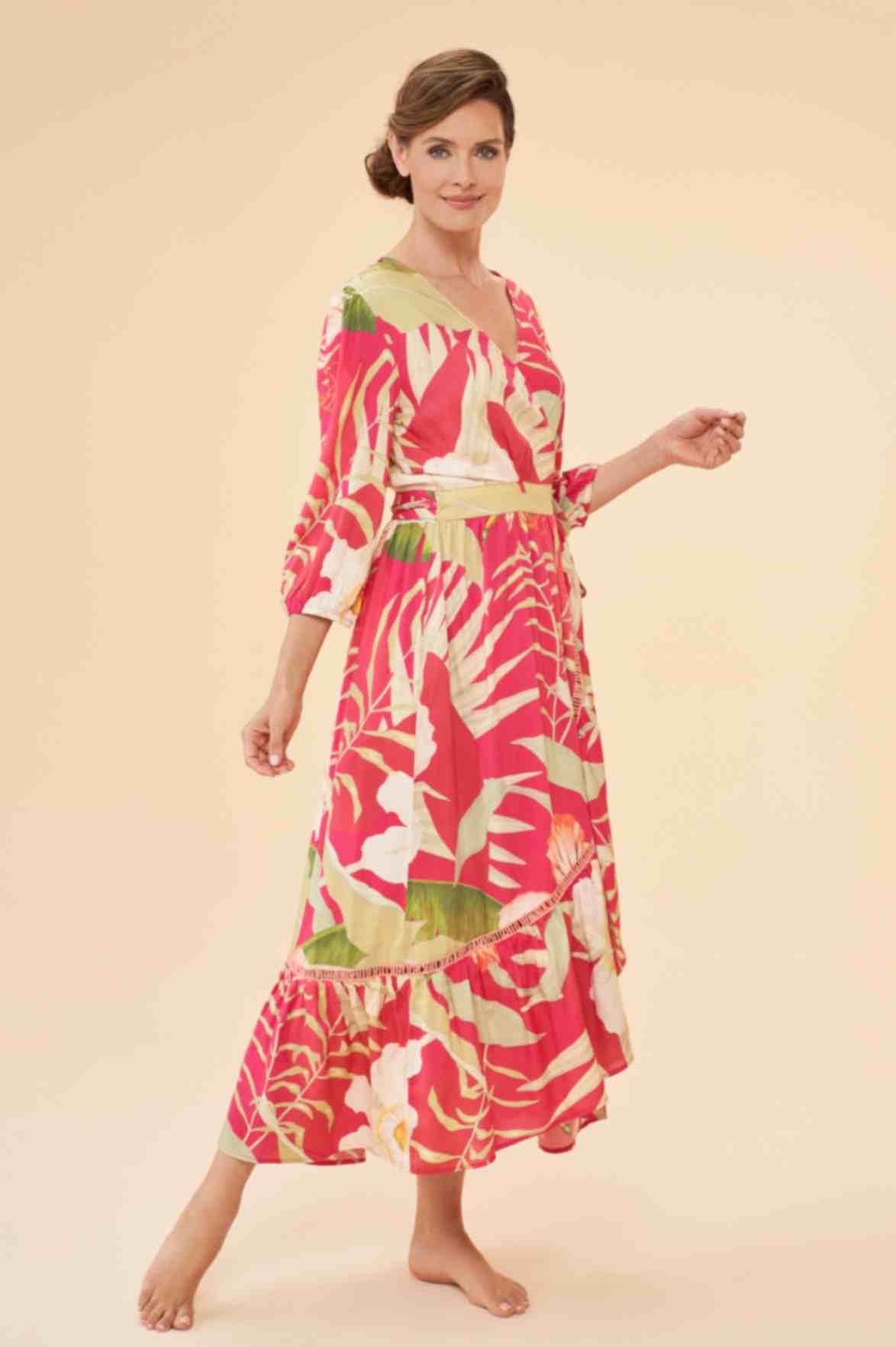 Delicate Tropical Wrap Dress - Dark Rose