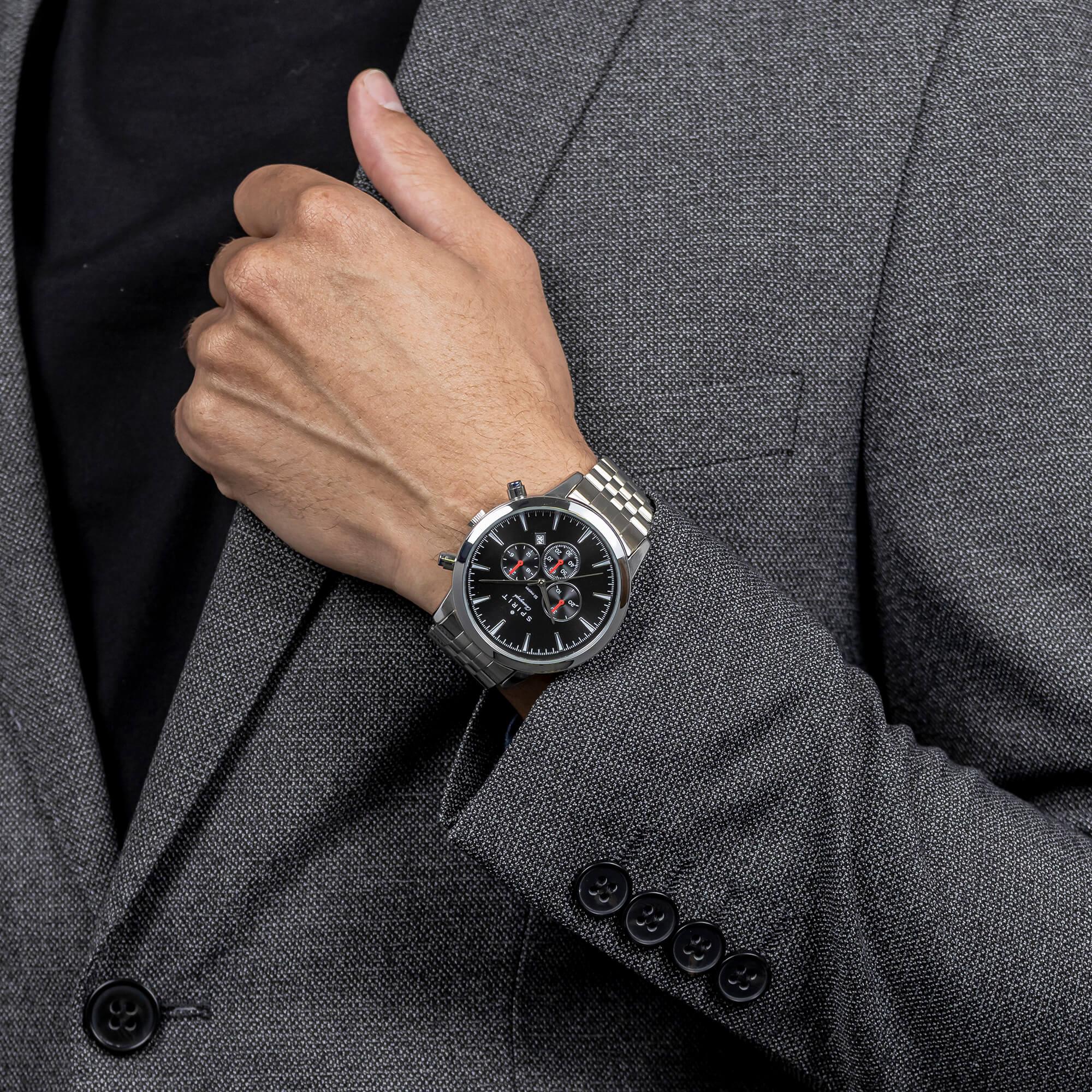 Polished Pale Silver Chronograph Watch with Brushed Shoulders