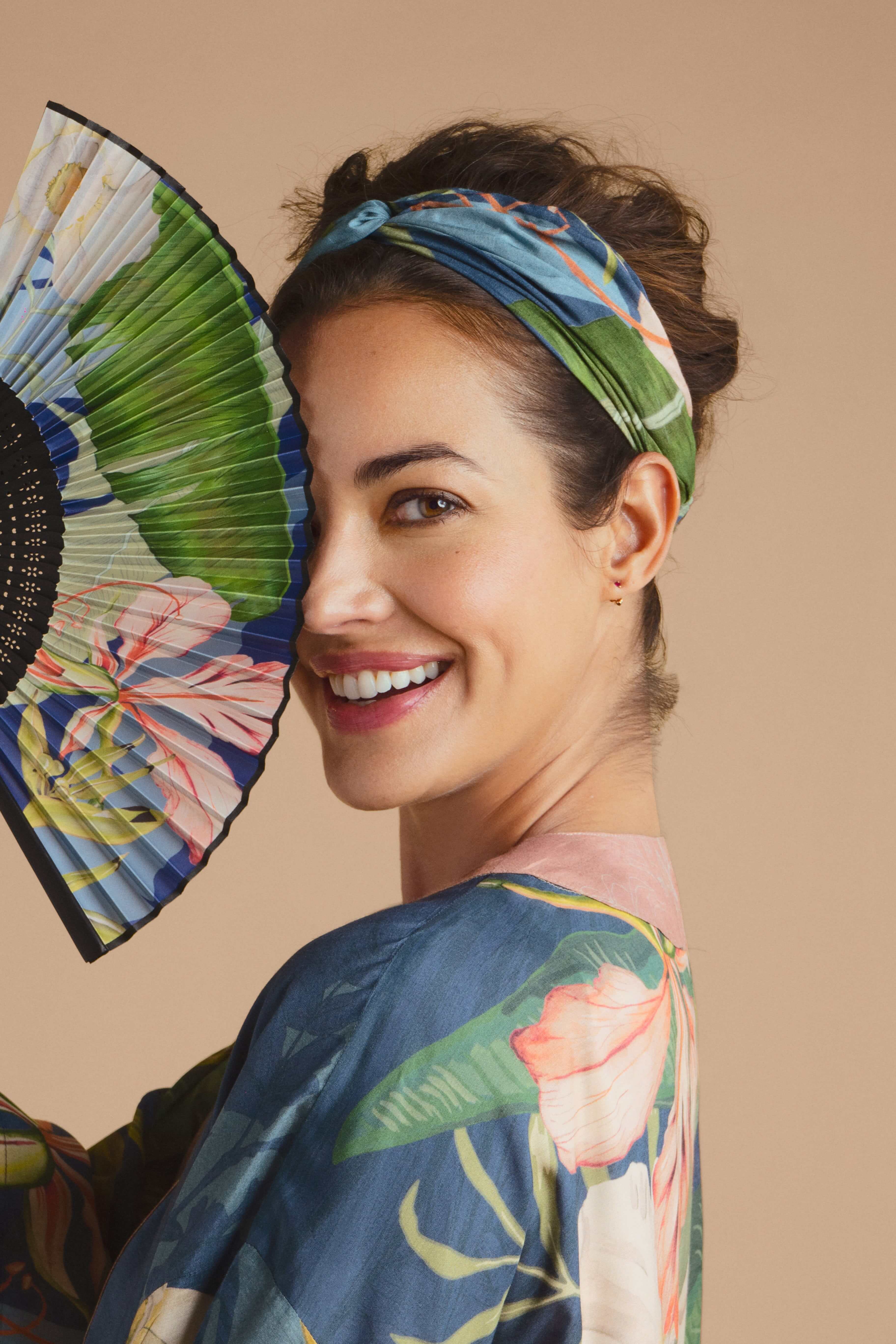 Delicate Tropics Indigo Handheld Fan
