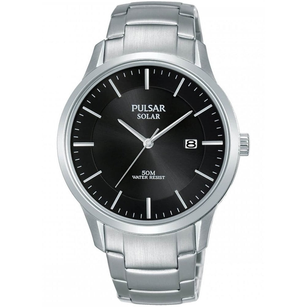 Stainless Steel Case With Black Date Display Dial & Steel Bracelet Strap, Solar Power Gents Watch