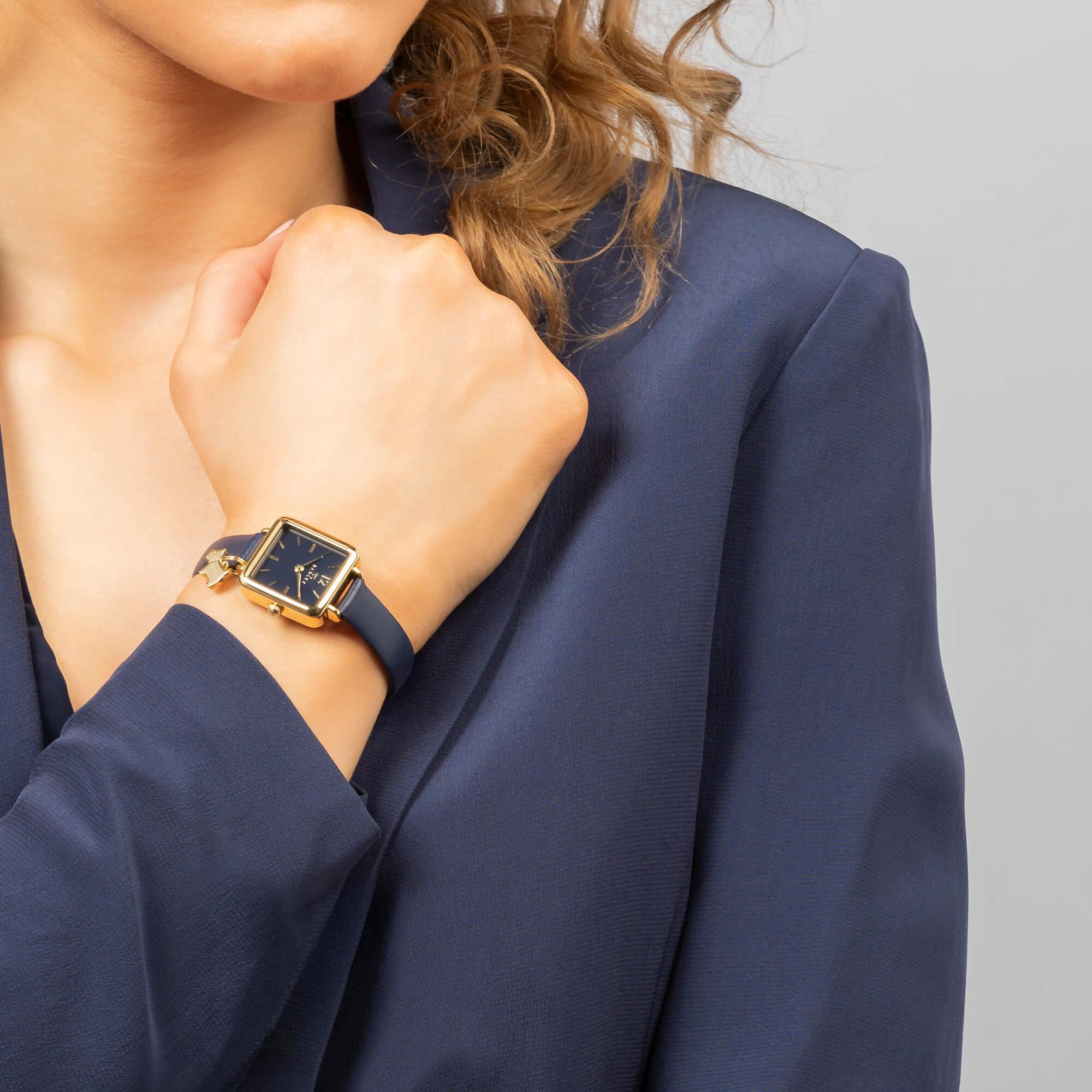 Ladies Square Pale Gold Plated Ink Leather Strap Watch