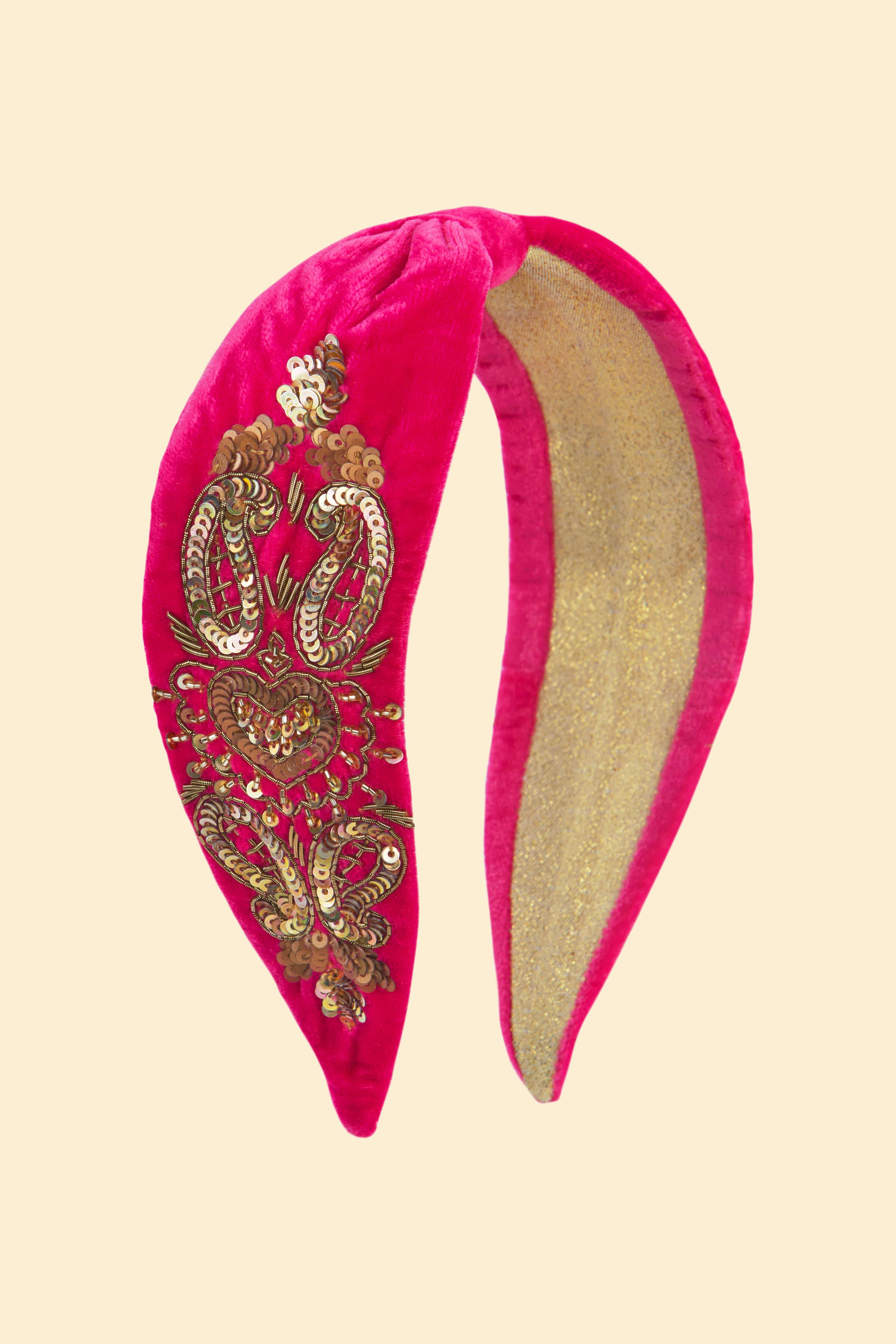Beaded Loveheart Velvet Headband - Raspberry