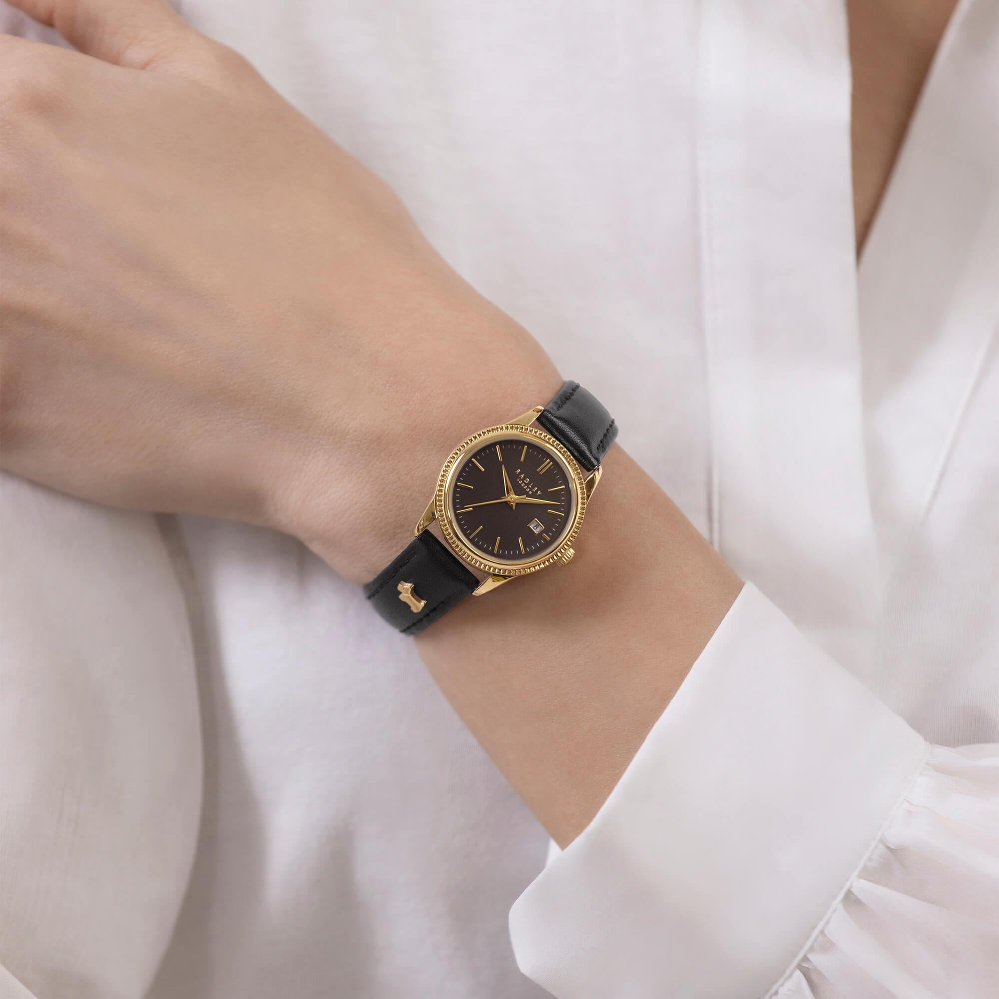 Gold Plated Dial With Black Leather Strap Watch