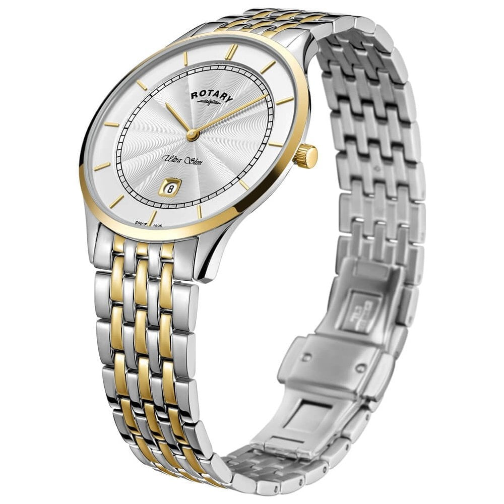 Ultra Slim White Face Two Tone Stainless Steel Bracelet Strap Gents Watch