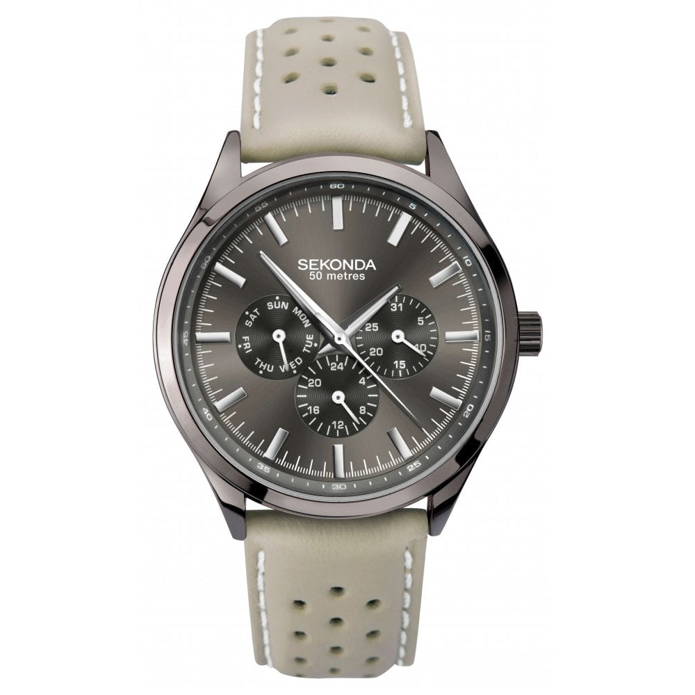 Gunmetal Plated Case With Grey Multifunction Dial & Light Grey Leather Strap Gents Watch