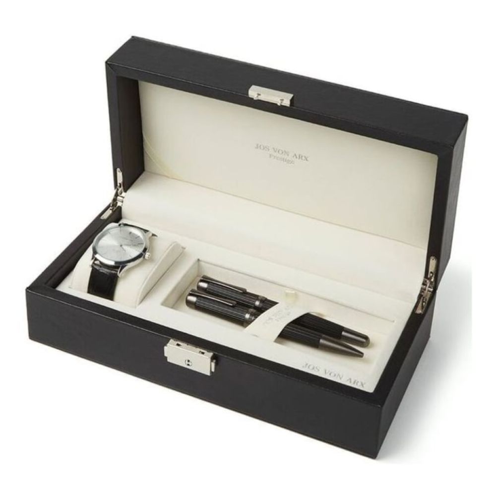 Men's Gift Set With Black & Silver Classic Watch & 2 Chunky Pens