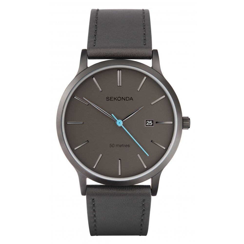 Gun Metal Plated Case With Grey Dial & Grey Leather Strap Gents Watch
