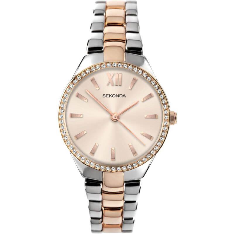 Two Tone Case & Bracelet with Stone Set Rose Dial Ladies Watch