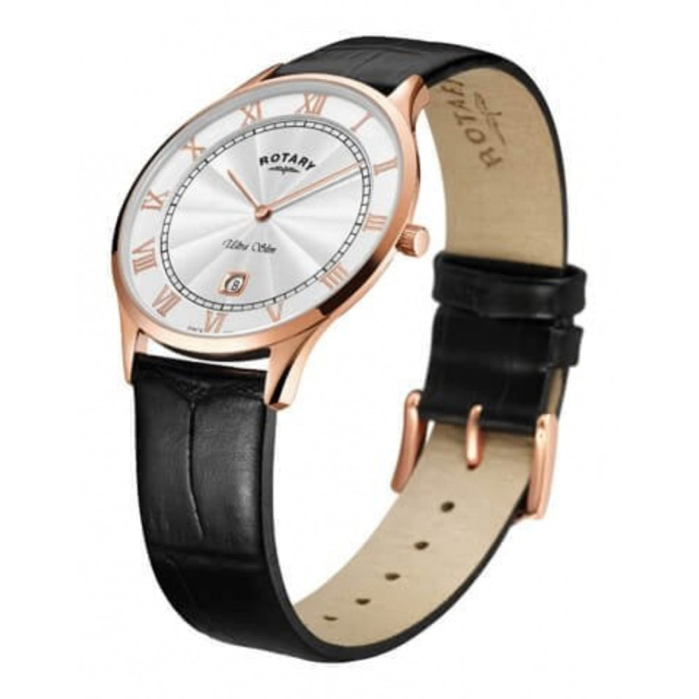 Ultra Slim Rose Gold Tone Stainless Steel White Dial With Black Leather Strap Gents Watch