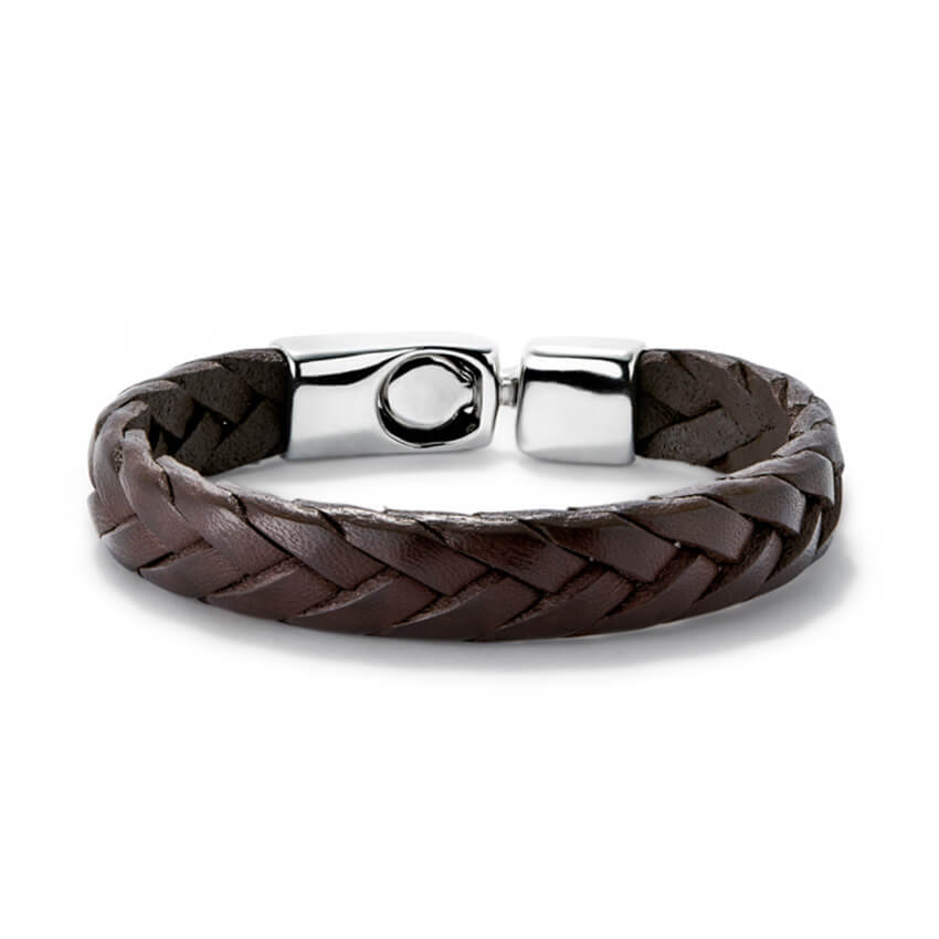 Cognac Braided Leather Bracelet With Silver Plated Clasp