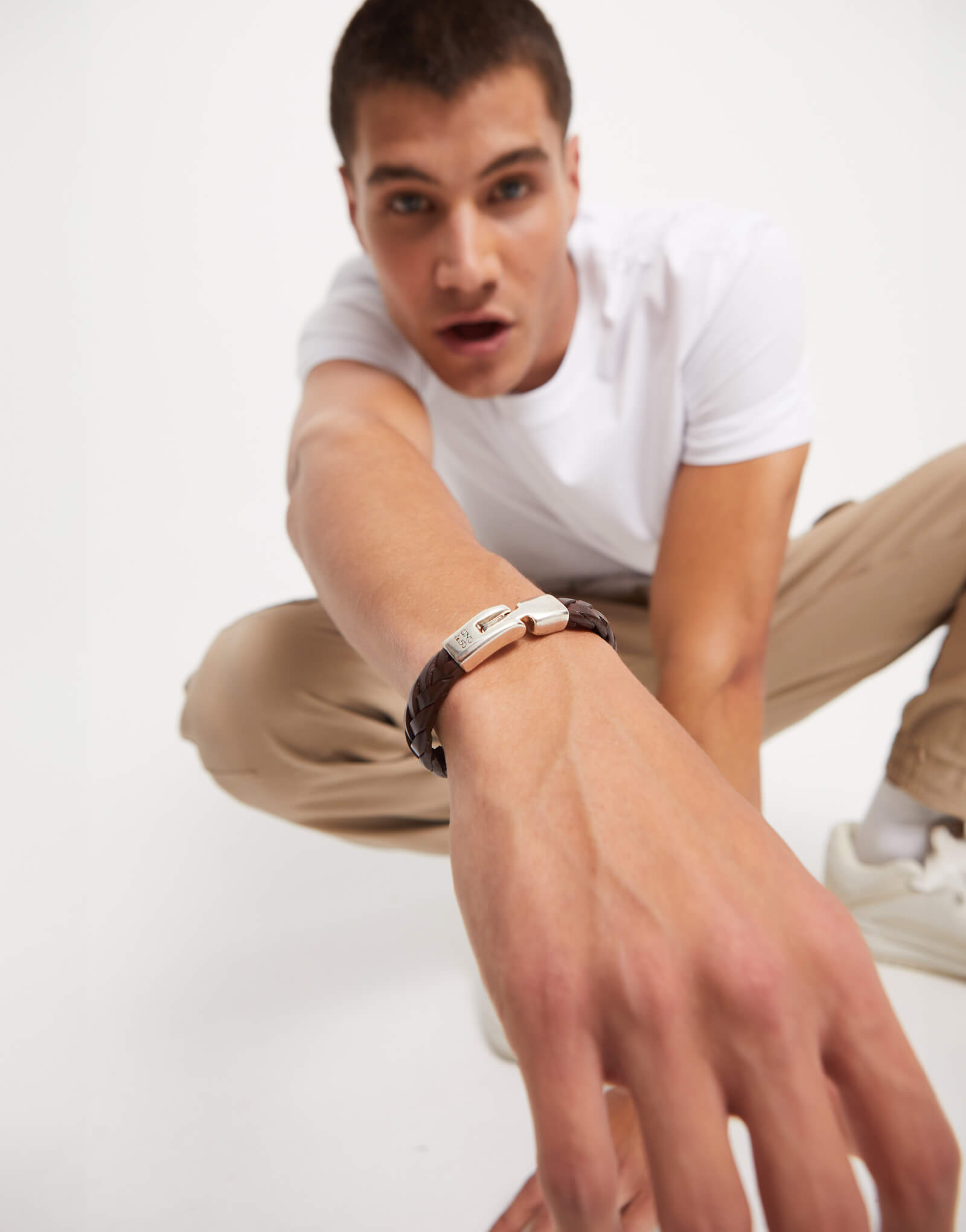 Cognac Braided Leather Bracelet With Silver Plated Clasp