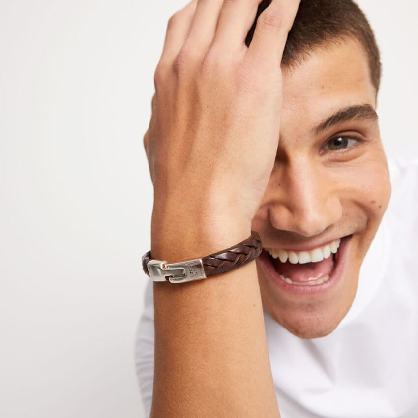 Cognac Braided Leather Bracelet With Silver Plated Clasp