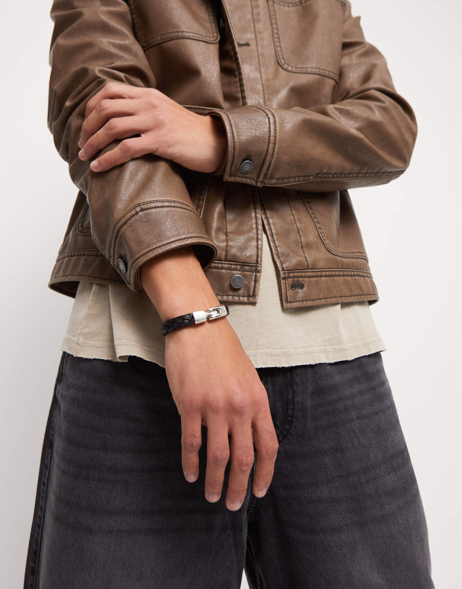 Black Braided Leather Bracelet With Silver Plated Clasp