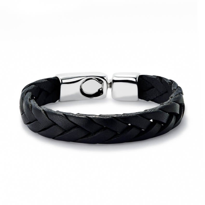 Black Braided Leather Bracelet With Silver Plated Clasp