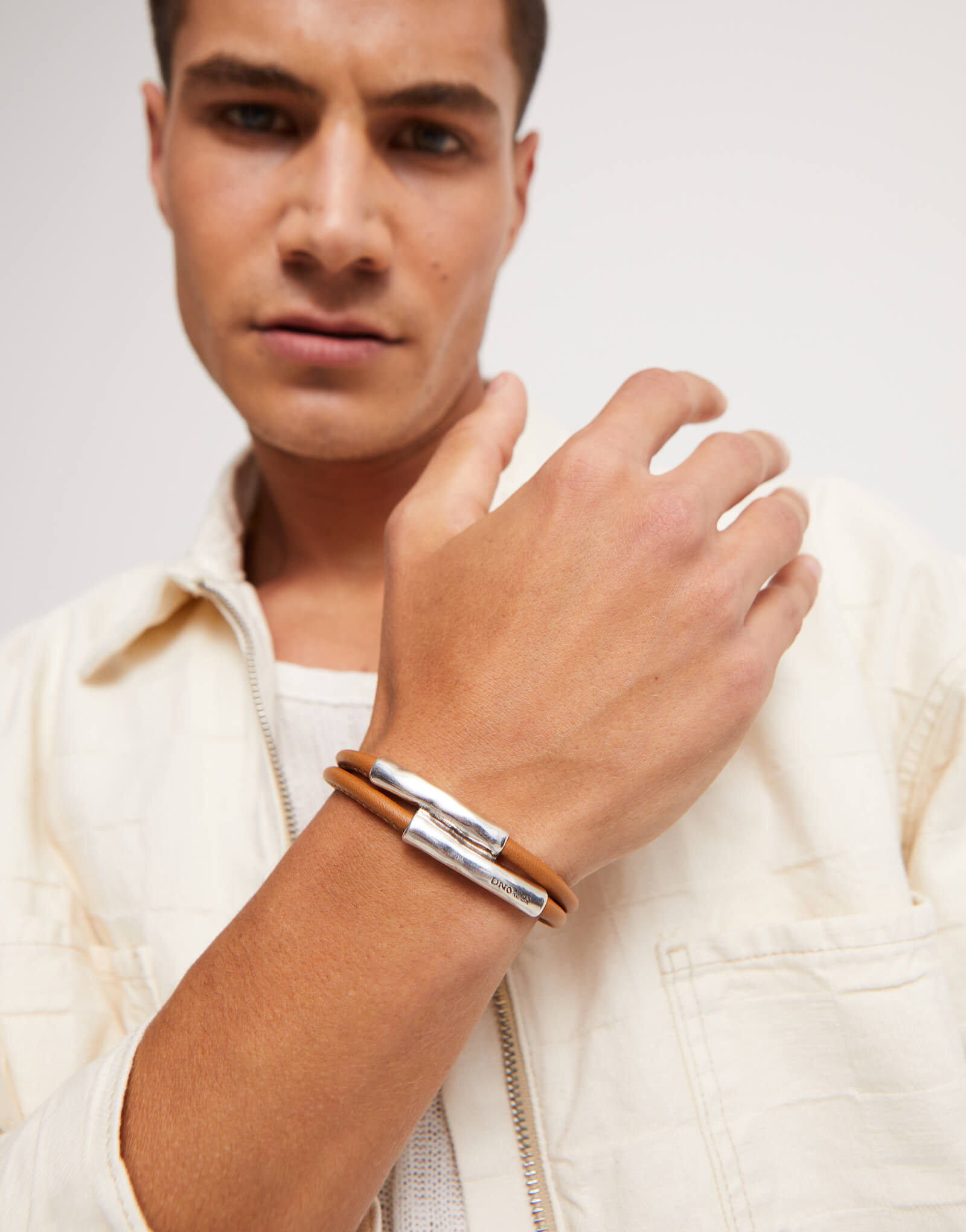 Double Camel Leather Bracelet With Two Silver Plated Tubes
