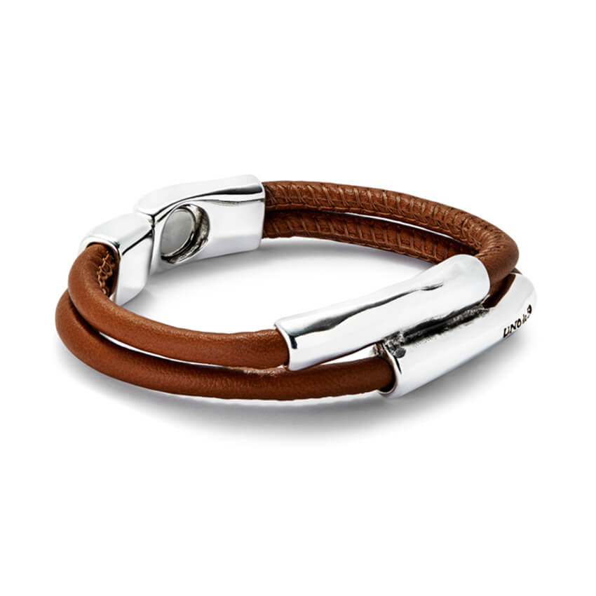 Double Camel Leather Bracelet With Two Silver Plated Tubes