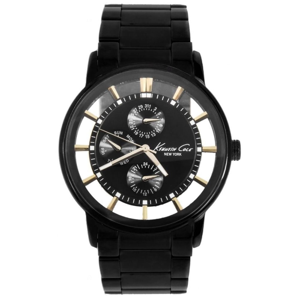 Womens black bracelet watch with clear face and gold markings