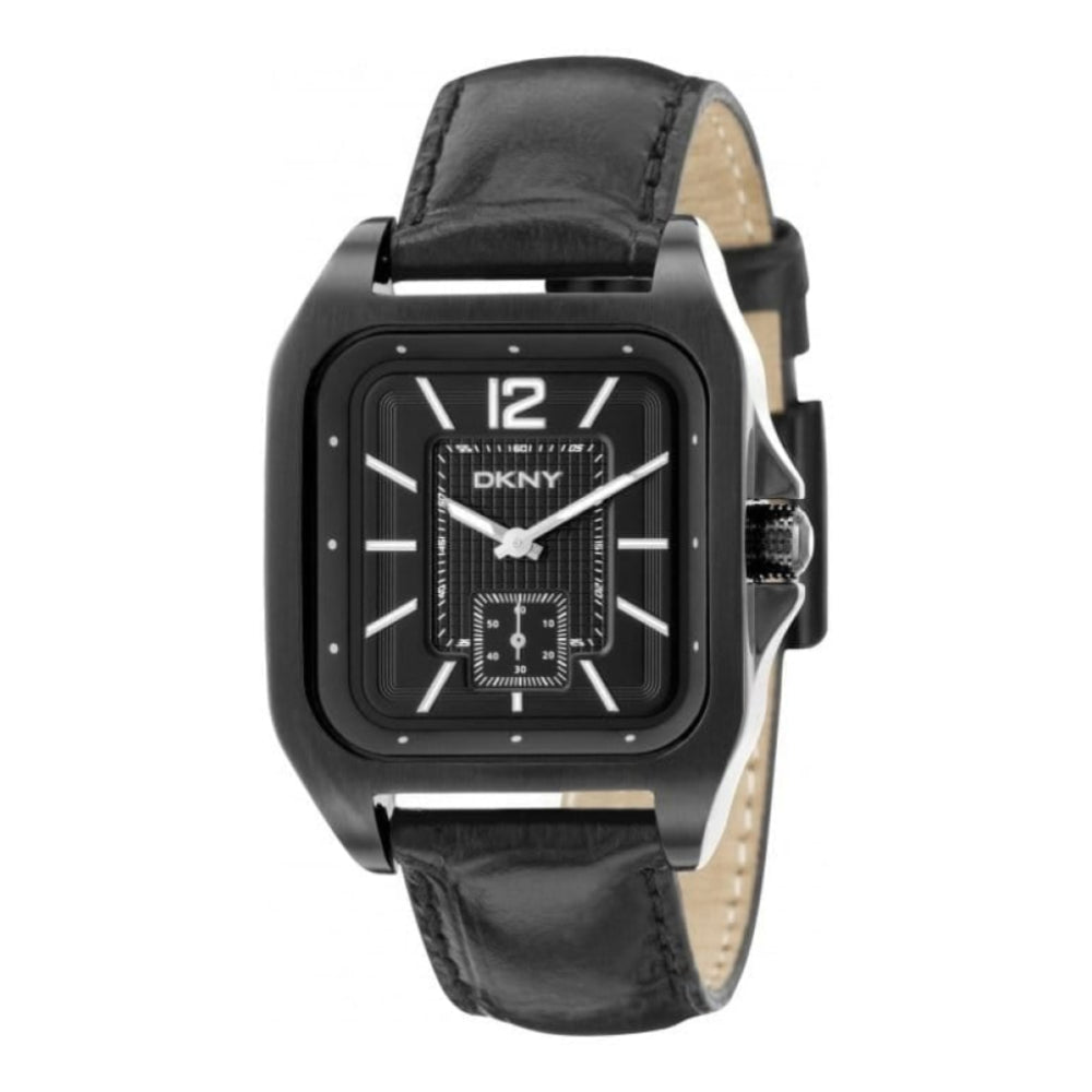 Gents Brushed Stainless Steel Black Leather Adjustable Strap Watch