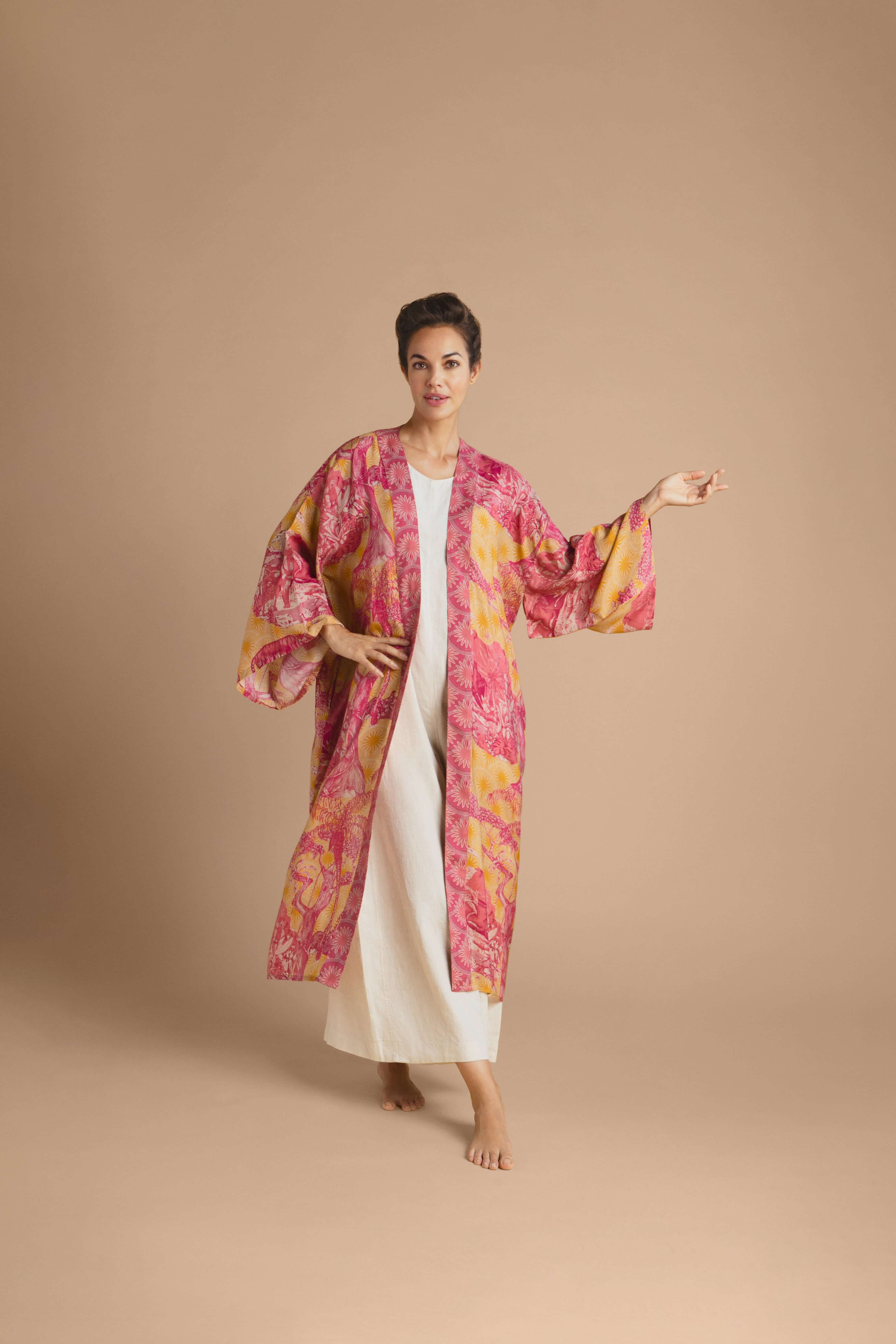 Tropical Toile Kimono Gown - Pineapple & Raspberry