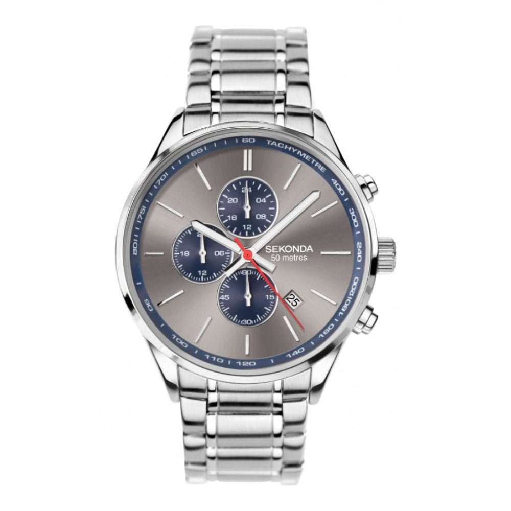 Stainless Steel Case With Grey Dual Time Dial & Steel Bracelet Strap Gents Watch