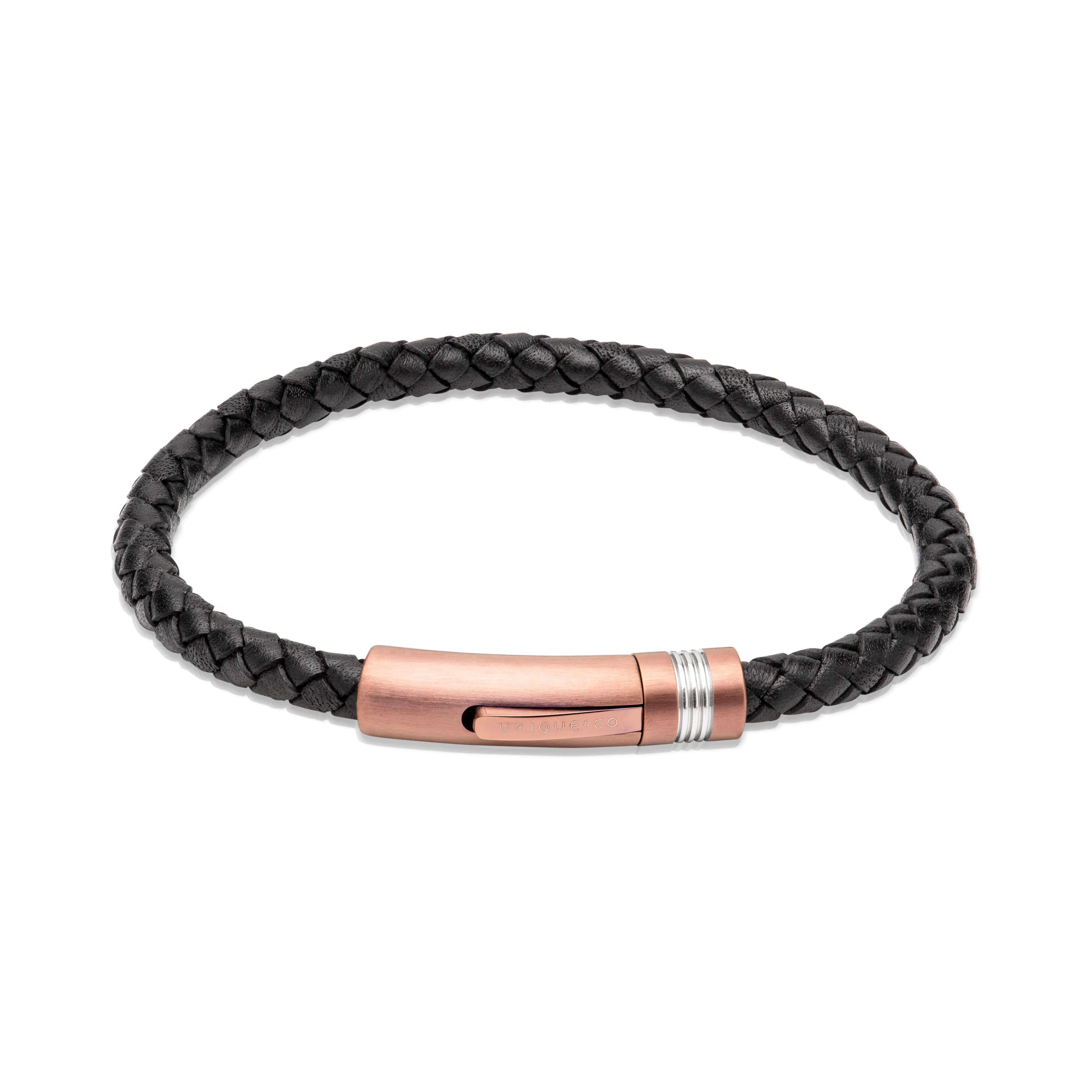 Black Leather Bracelet - Steel Clasp with Brown IP