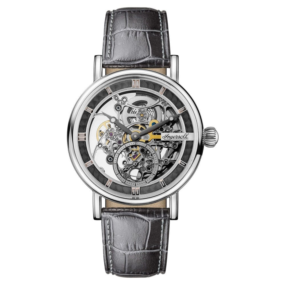 Mens The Herald Automatic Watch with Skeleton Dial and Grey Leather Strap