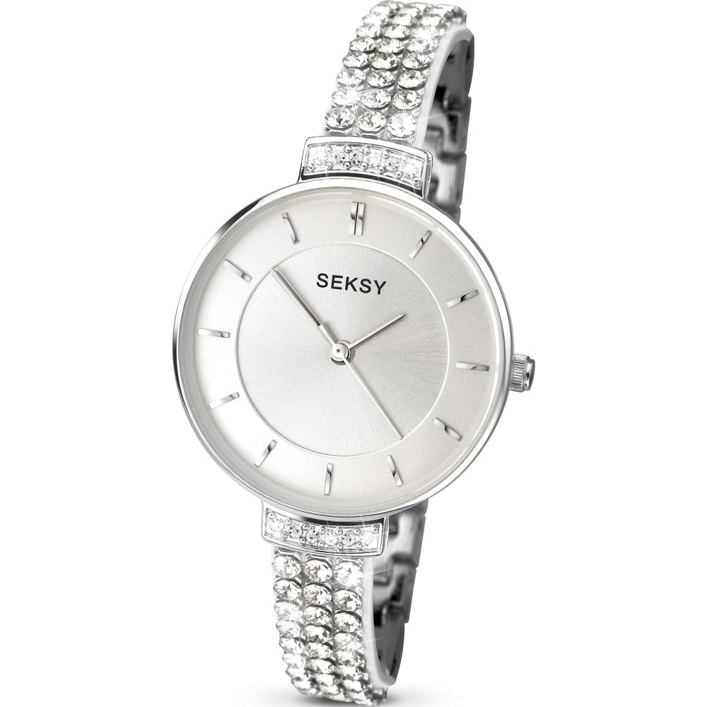 Stainless Steel White Dial & Silver Stone Strap Ladies Wristwatch