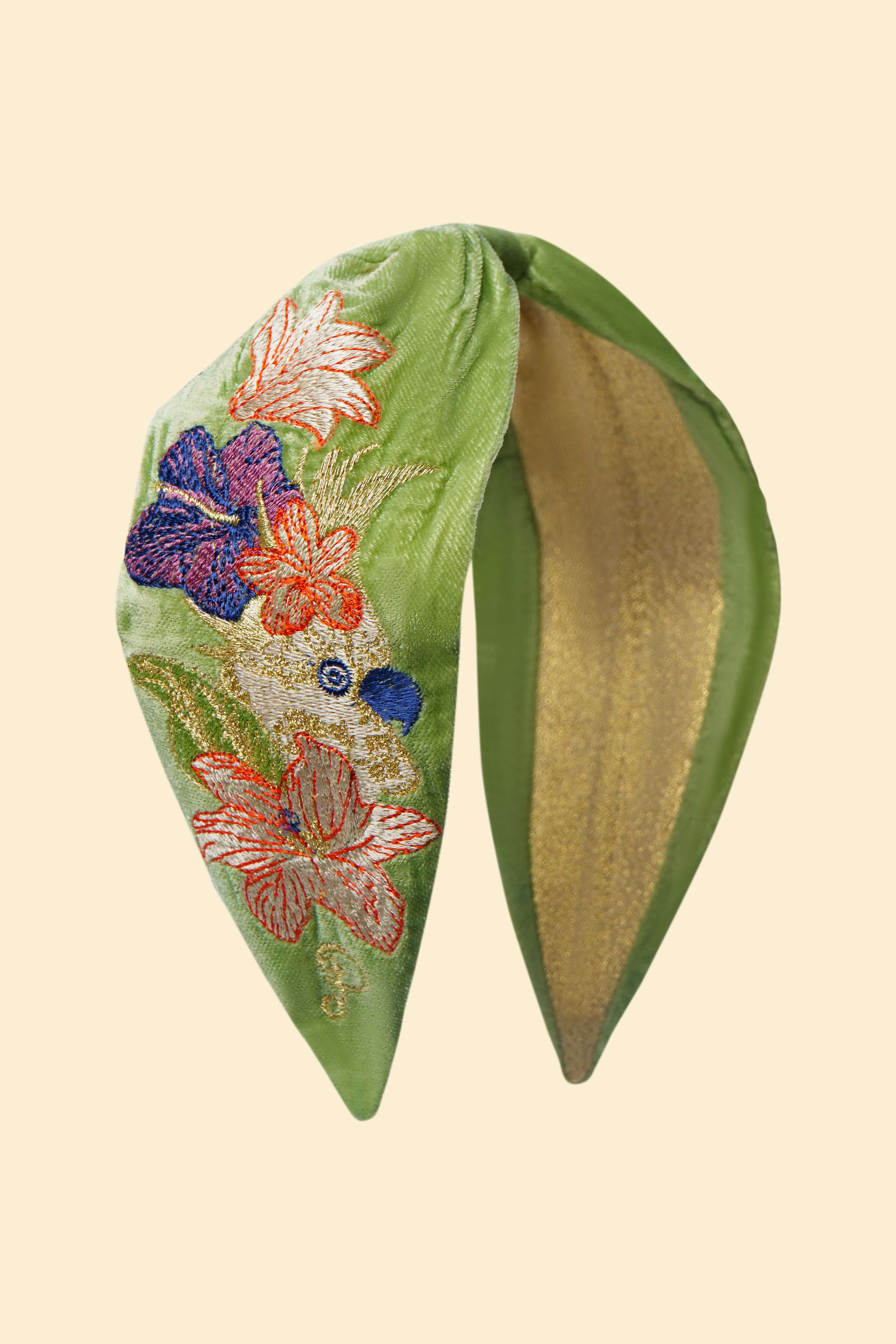 Cockatoo Velvet Embroidered Headband - Sage
