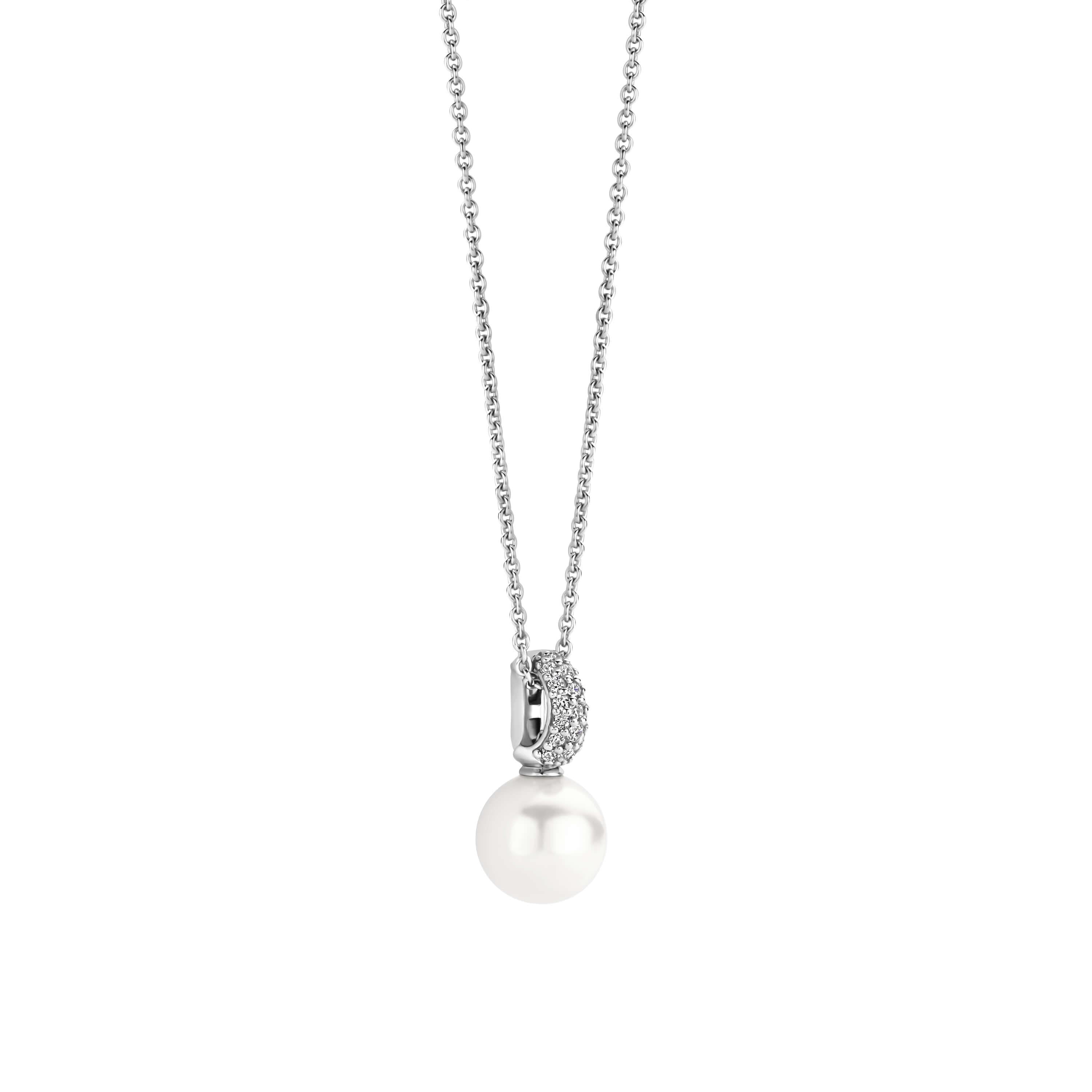 White Pearl With CZ Hook Pendant & Silver Chain Necklace