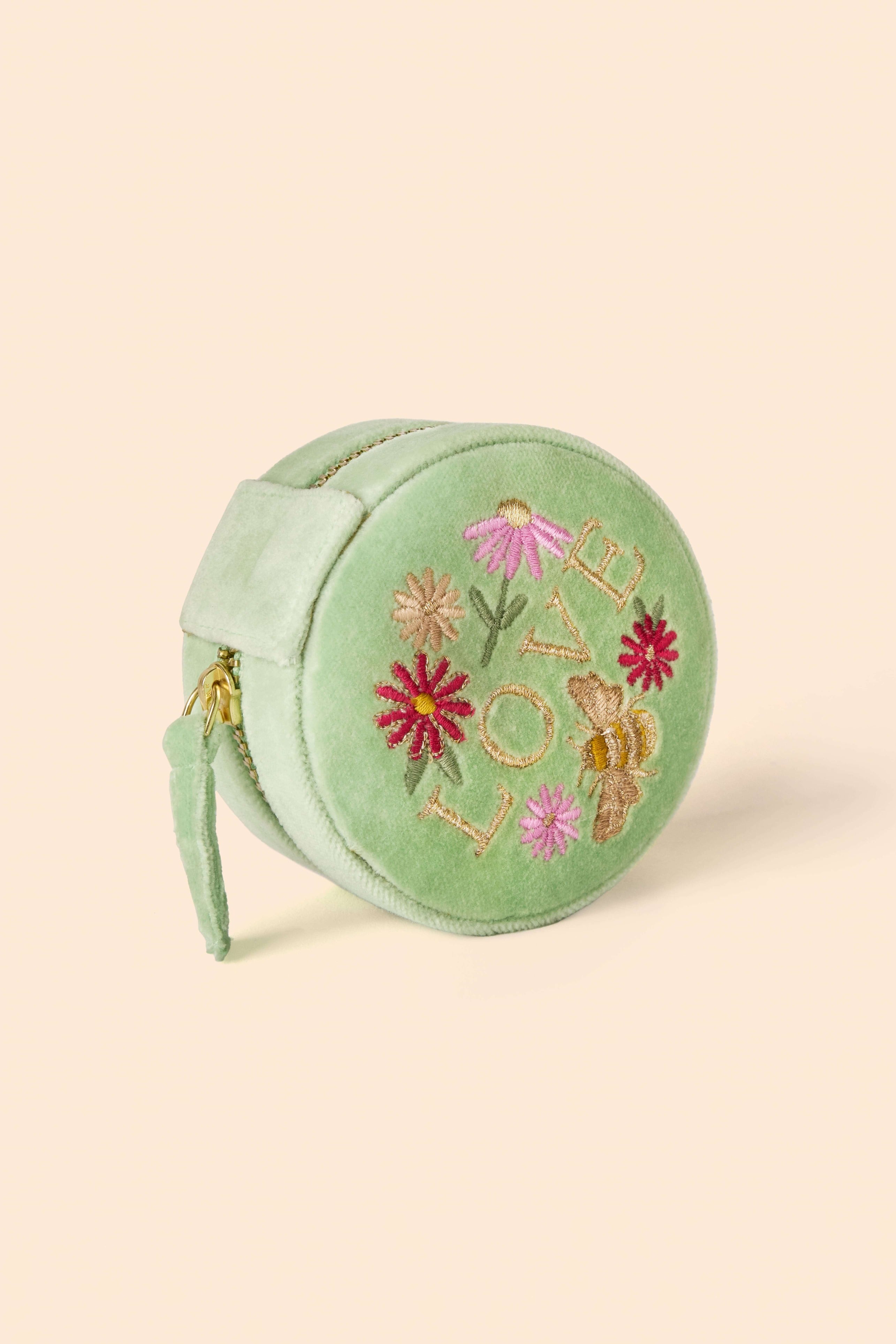 Love in a Meadow Round Velvet Jewellery Box - Mint
