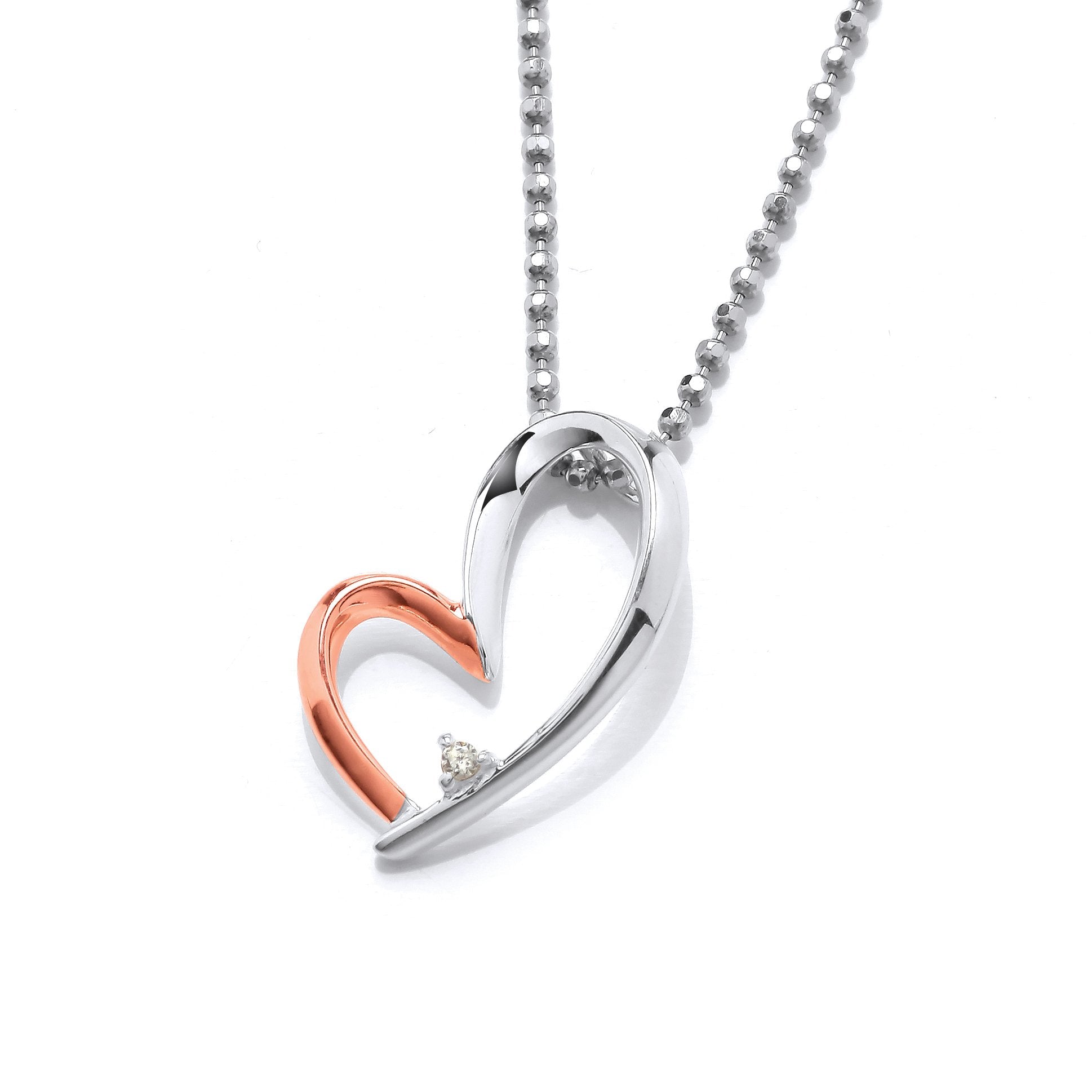 Silver & Rose Gold Offset Heart Pendant & Chain