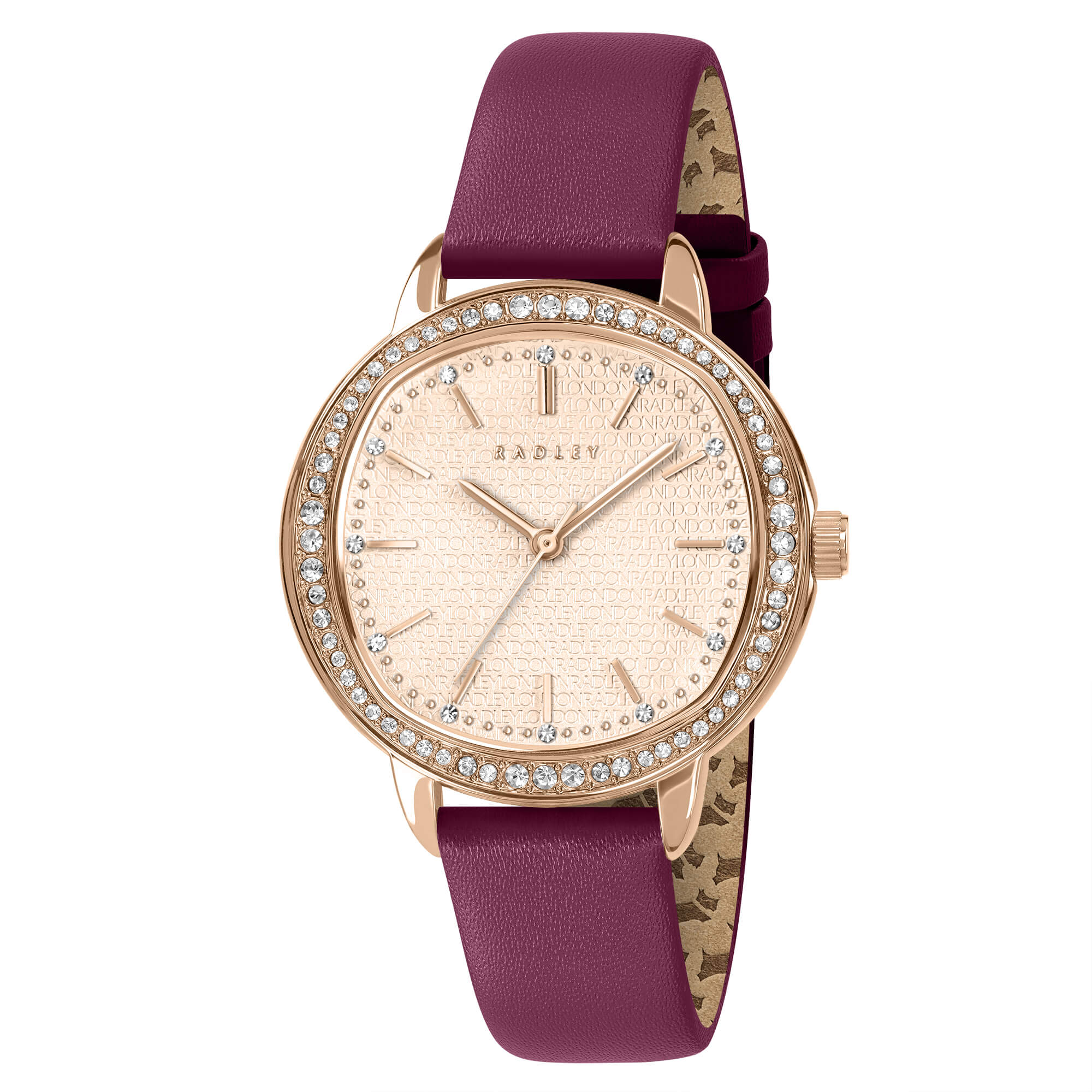 Rose Gold Plated 36mm Stone Set Berry Leather Strap Watch
