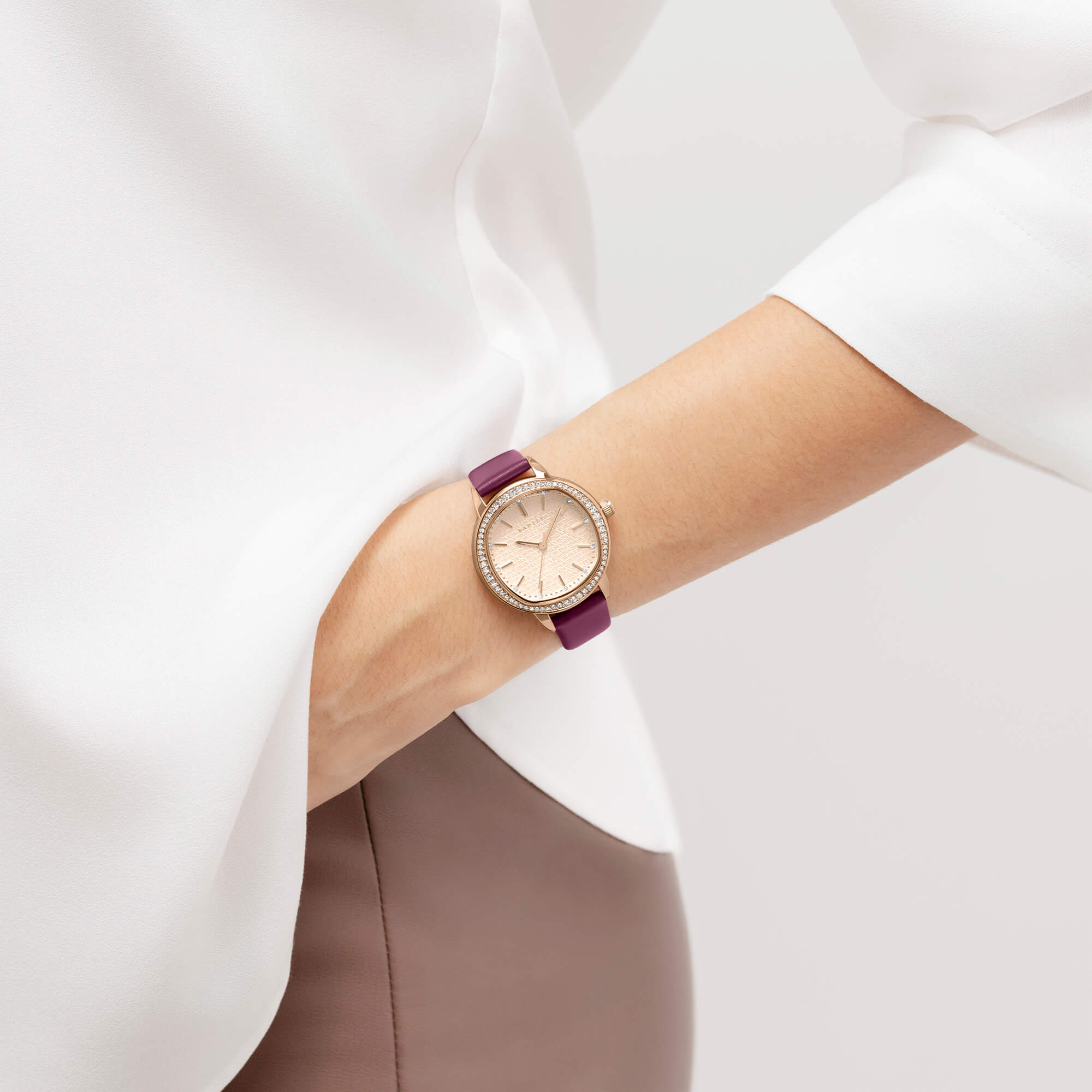 Rose Gold Plated 36mm Stone Set Berry Leather Strap Watch