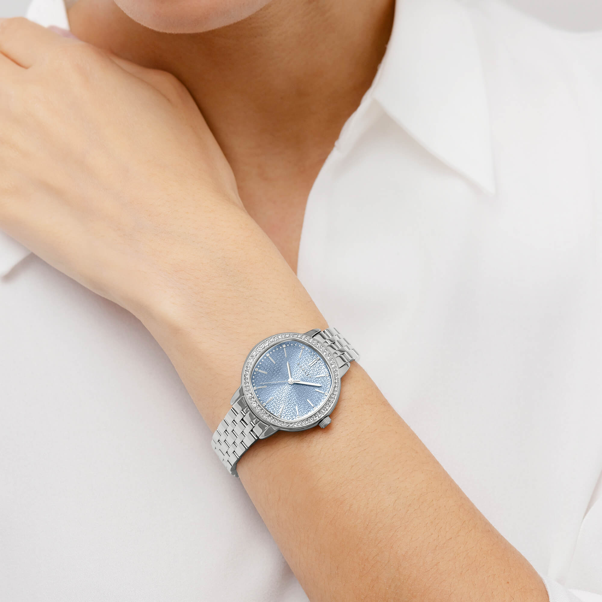 Silver Blue Stone Set Dial With SS Bracelet Strap Watch