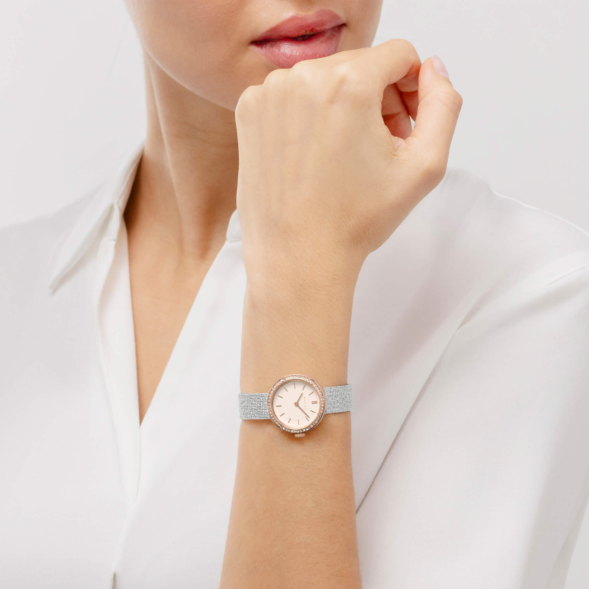 Silver & Rose Gold Plated 27mm Stone Set Mesh Watch