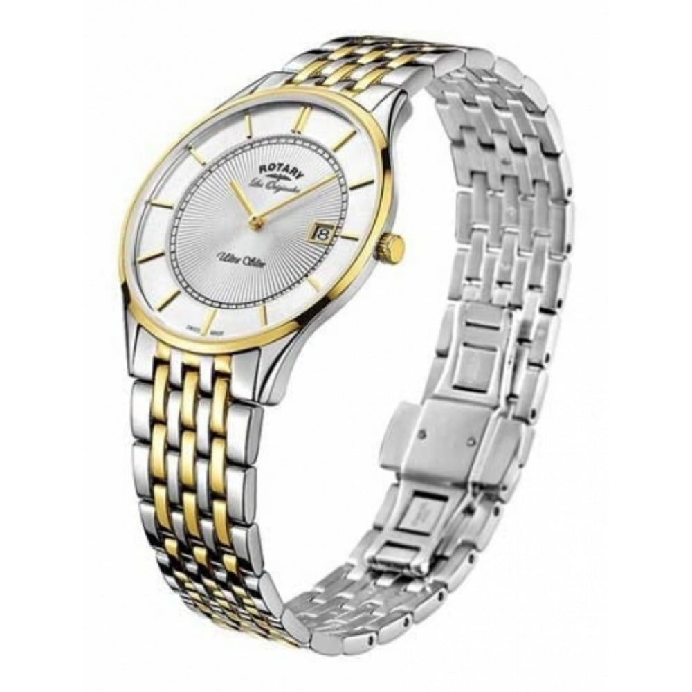 Ultra Slim Gold Plated & Stainless Steel Date Window Gents Wristwatch