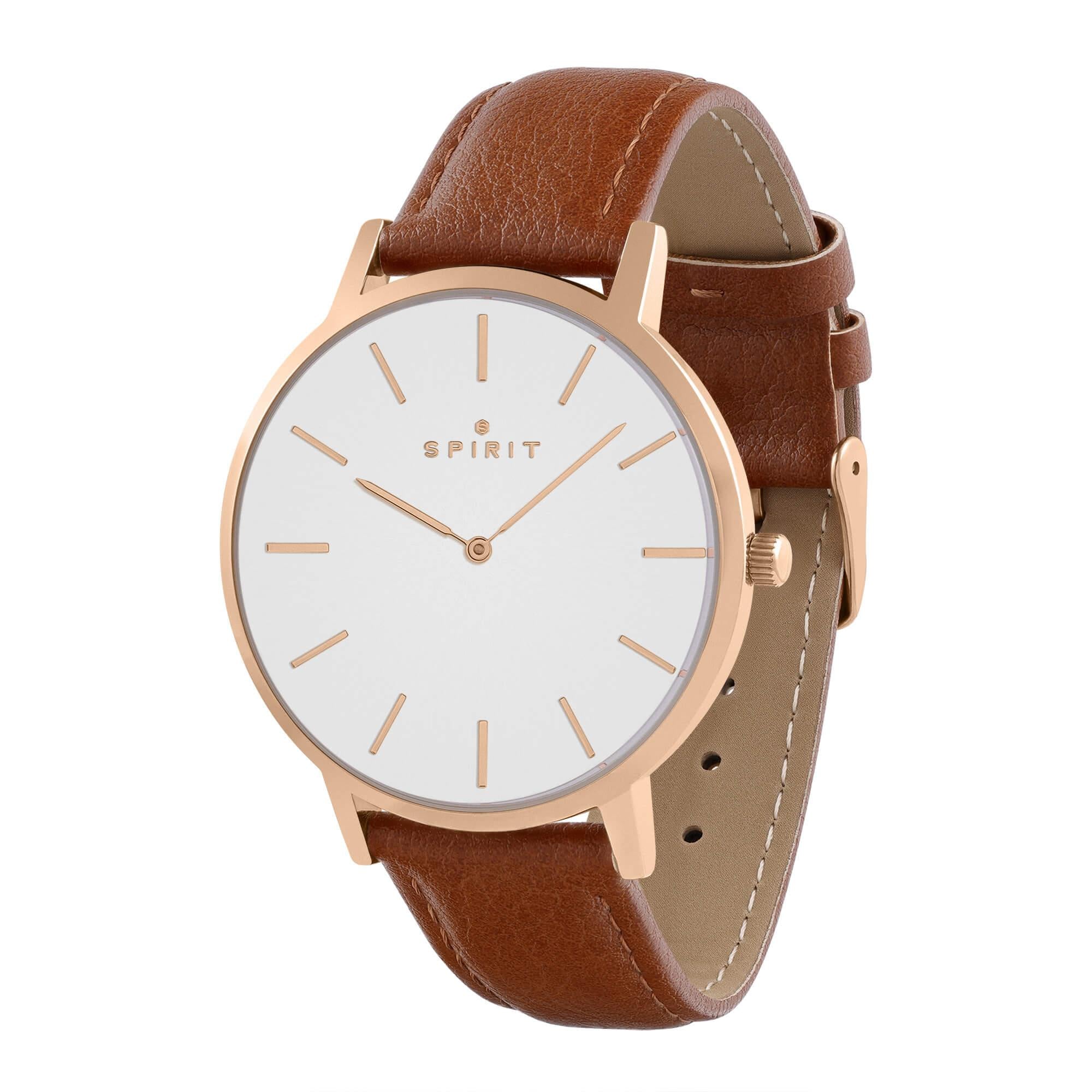 Gents Classic Polished Rose Gold Leather Watch in Tan