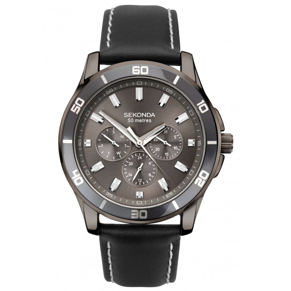 Gunmetal Plated Case With Grey Multifunction Dial & Black Leather Strap Gents Watch