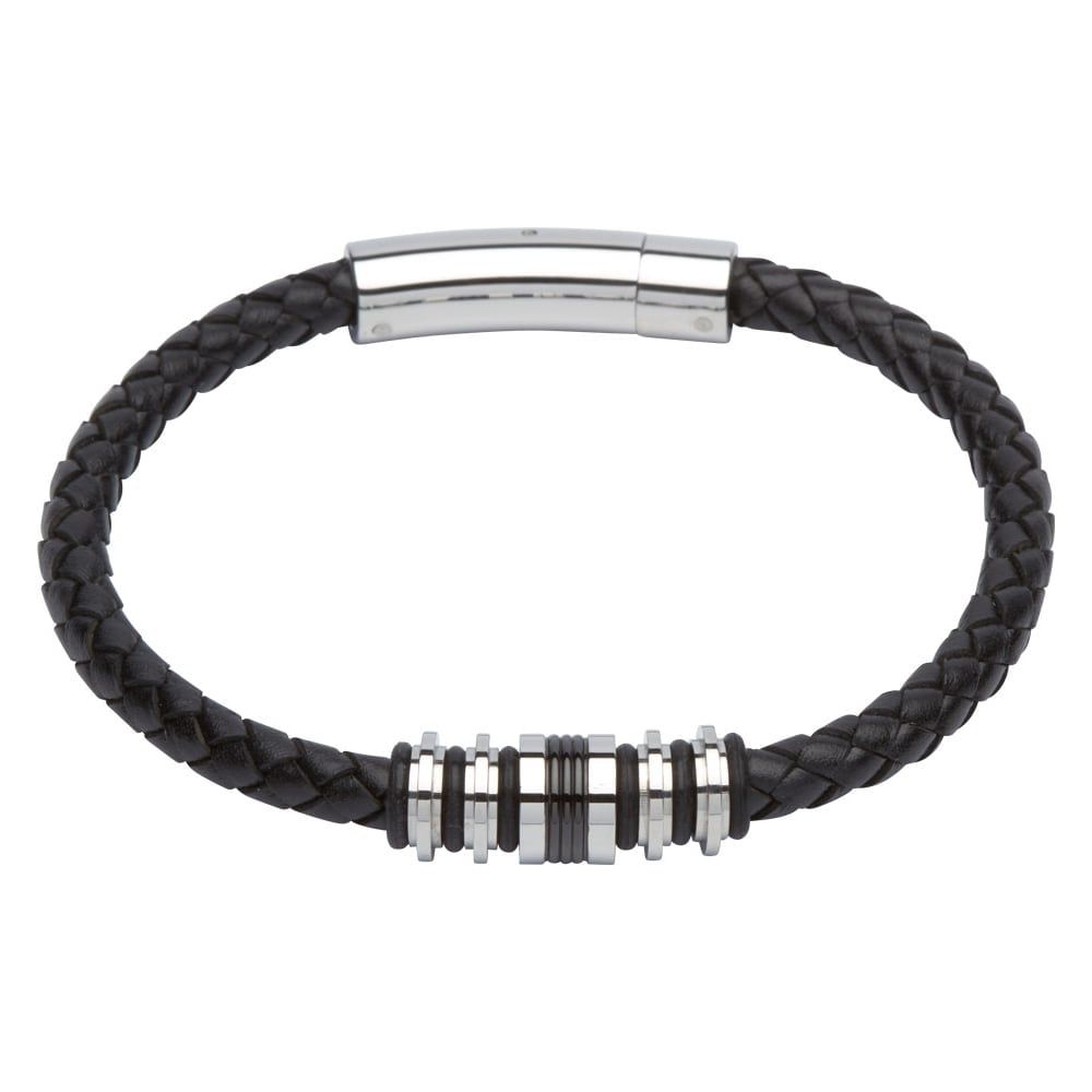 Black Leather Bracelet With Black Ion Plated Steel Elements