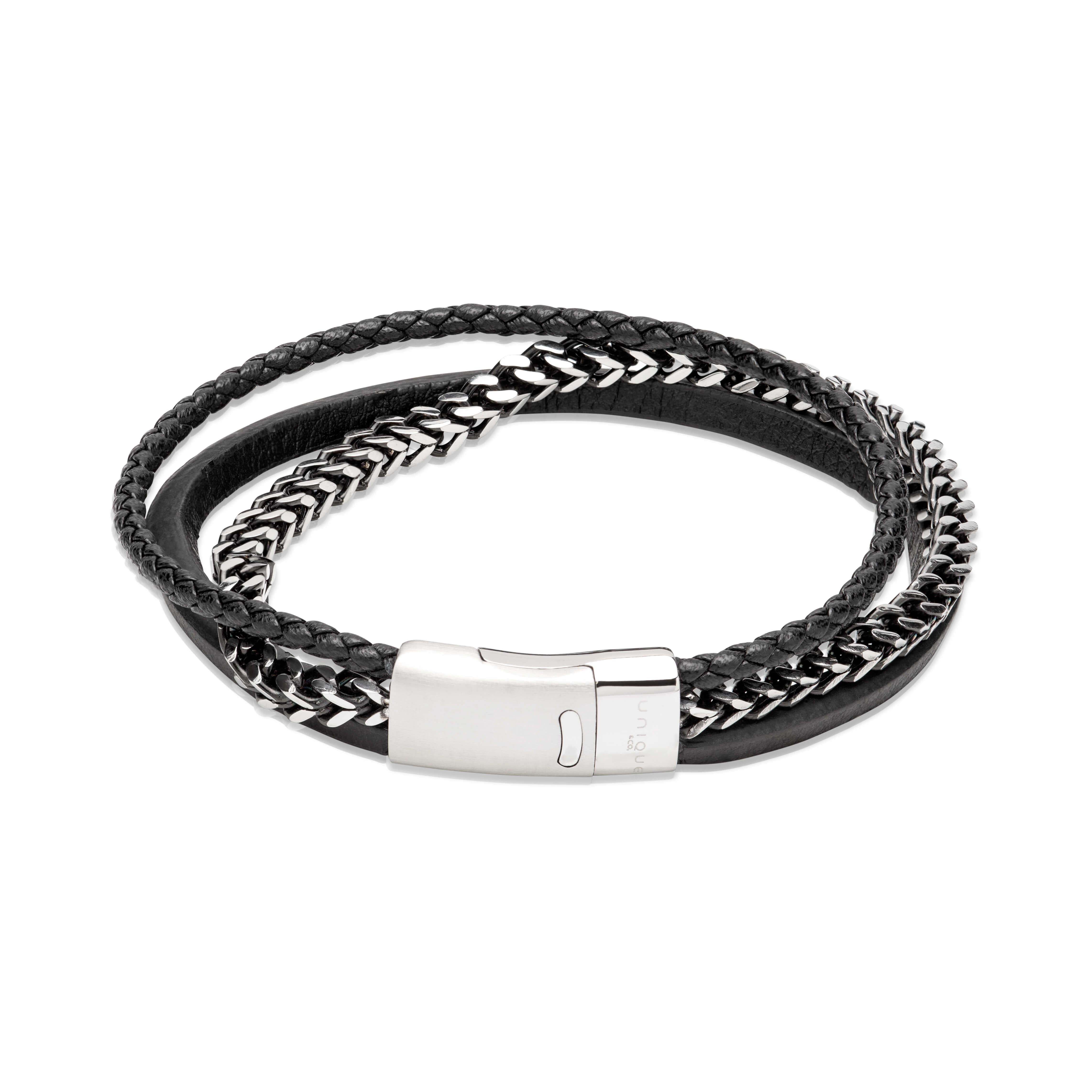 Black Leather Bracelet With Steel Chain & Clasp
