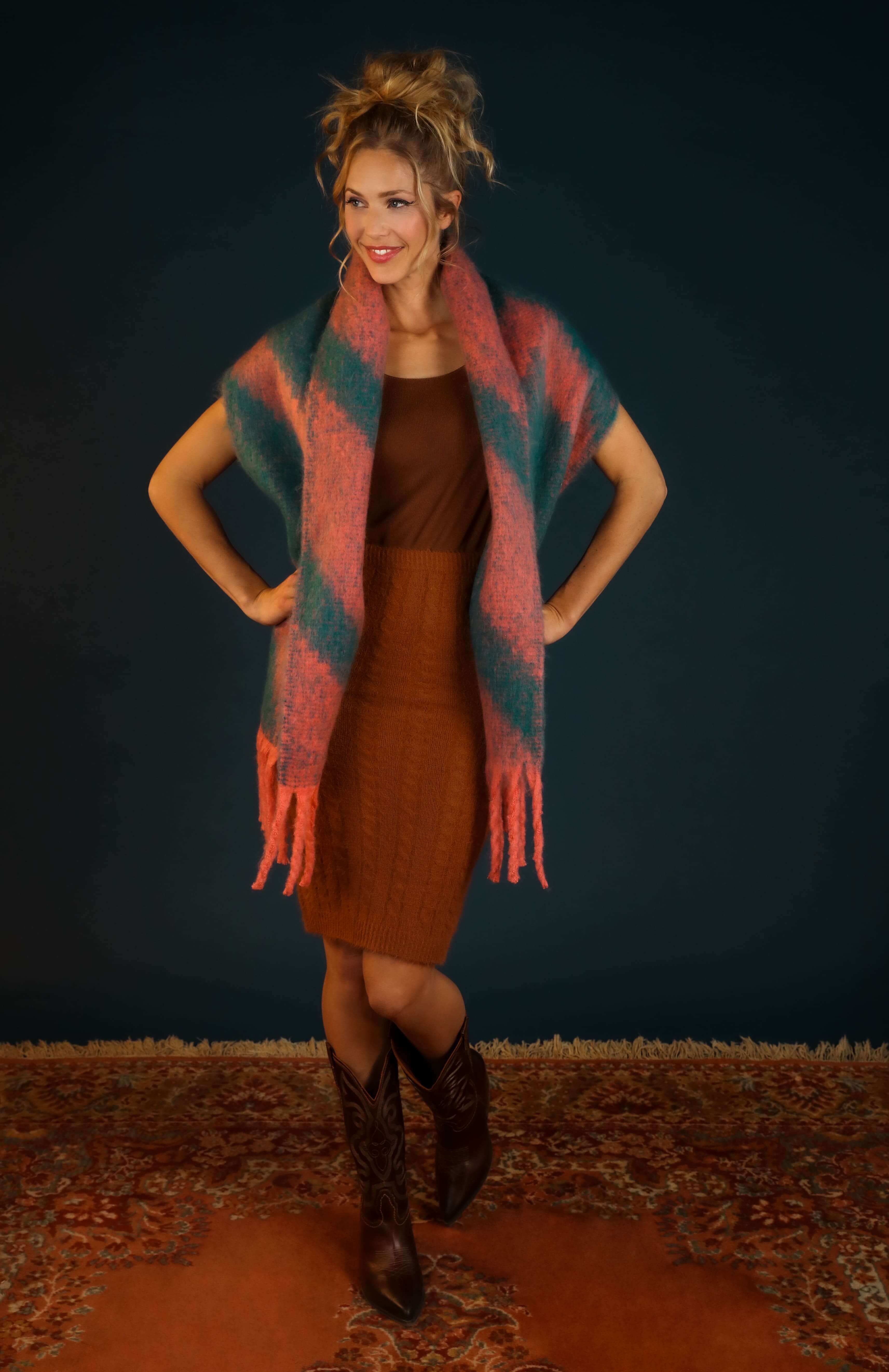 Ciara Cosy Chevron Scarf - Coral/Teal