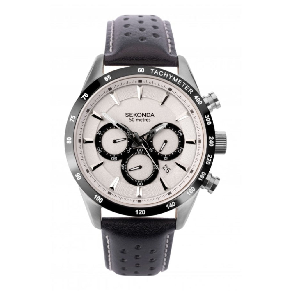 Stainless Steel Case With Silver Dual Time Dial & Black Leather Bracelet Strap Gents Watch