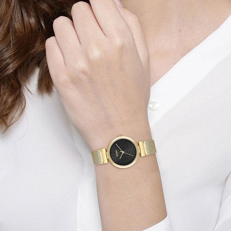 #SWEET Gold Plated Mesh Strap Black Dial Ladies Watch
